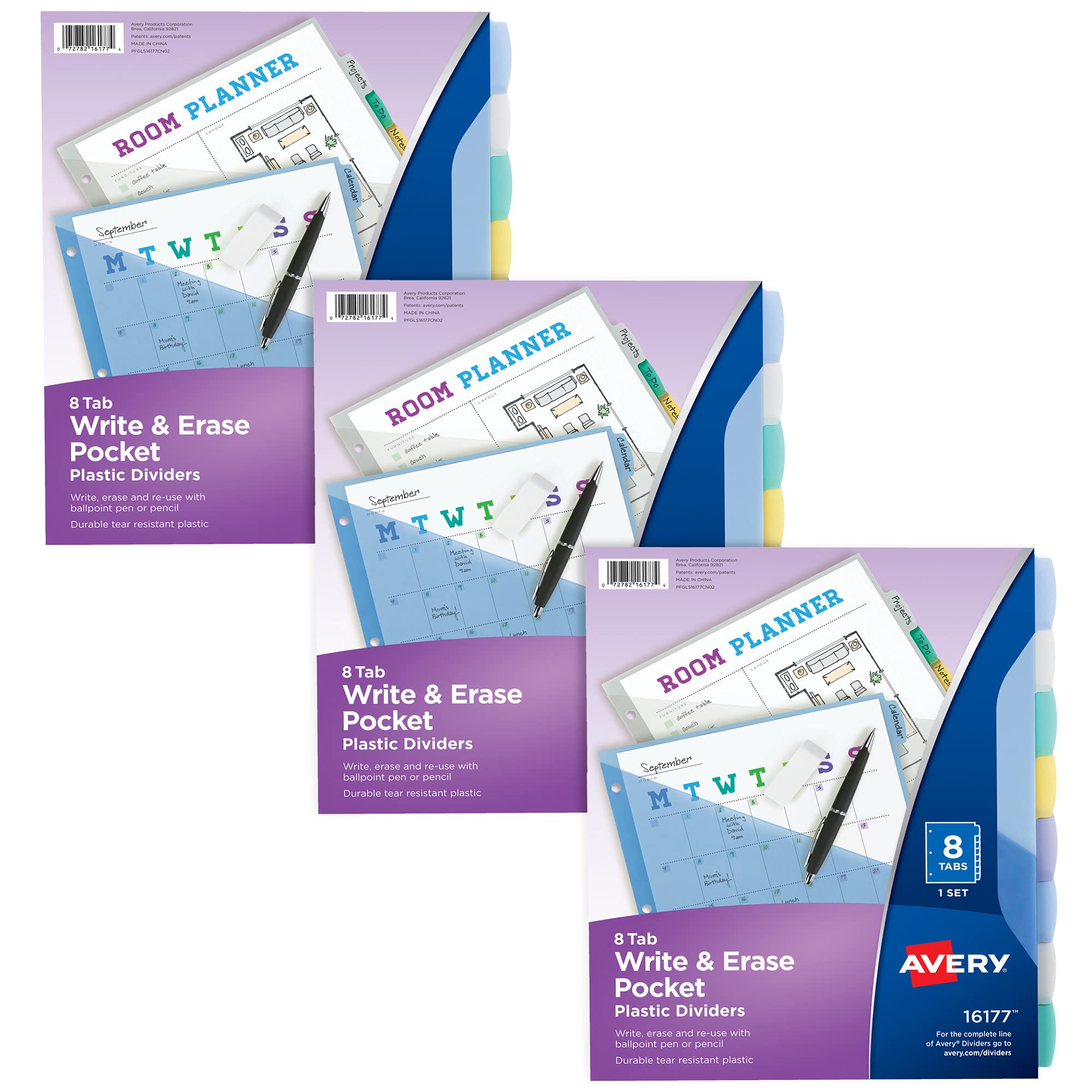 Avery Write & Erase Pocket Plastic Dividers for 3 Ring Binders, 8-Tab Sets, Multicolor, Tabs Viewable Beyond Sheet Protectors, 1 Set (16177)