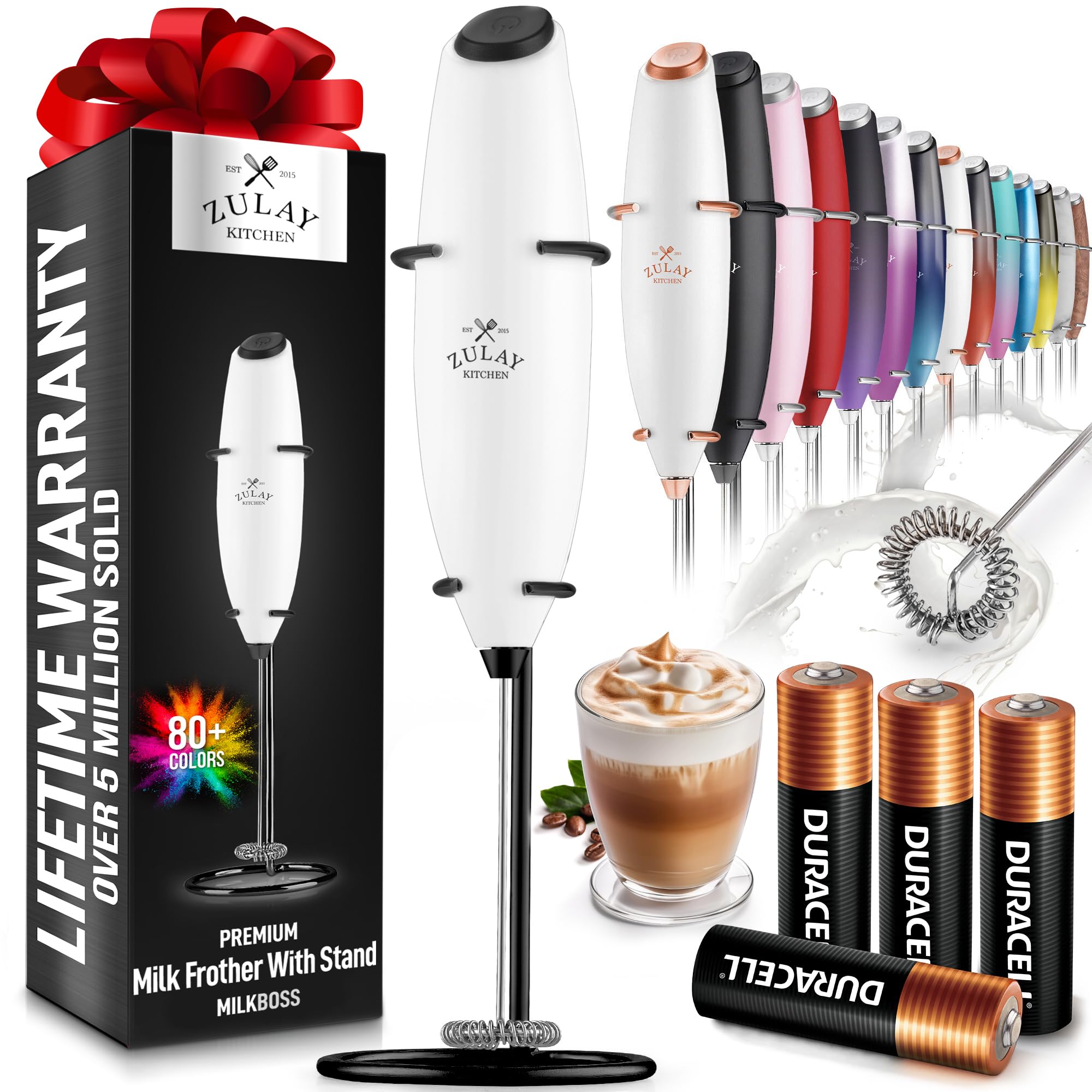 Zulay Kitchen Powerful Milk Frother Wand With 2 Duracell Batteries - Ultra Fast Handheld Drink Mixer - Electric Whisk Foam Maker for Coffee, Lattes, Cappuccino, Matcha, Hot Chocolate & Creamer - Black