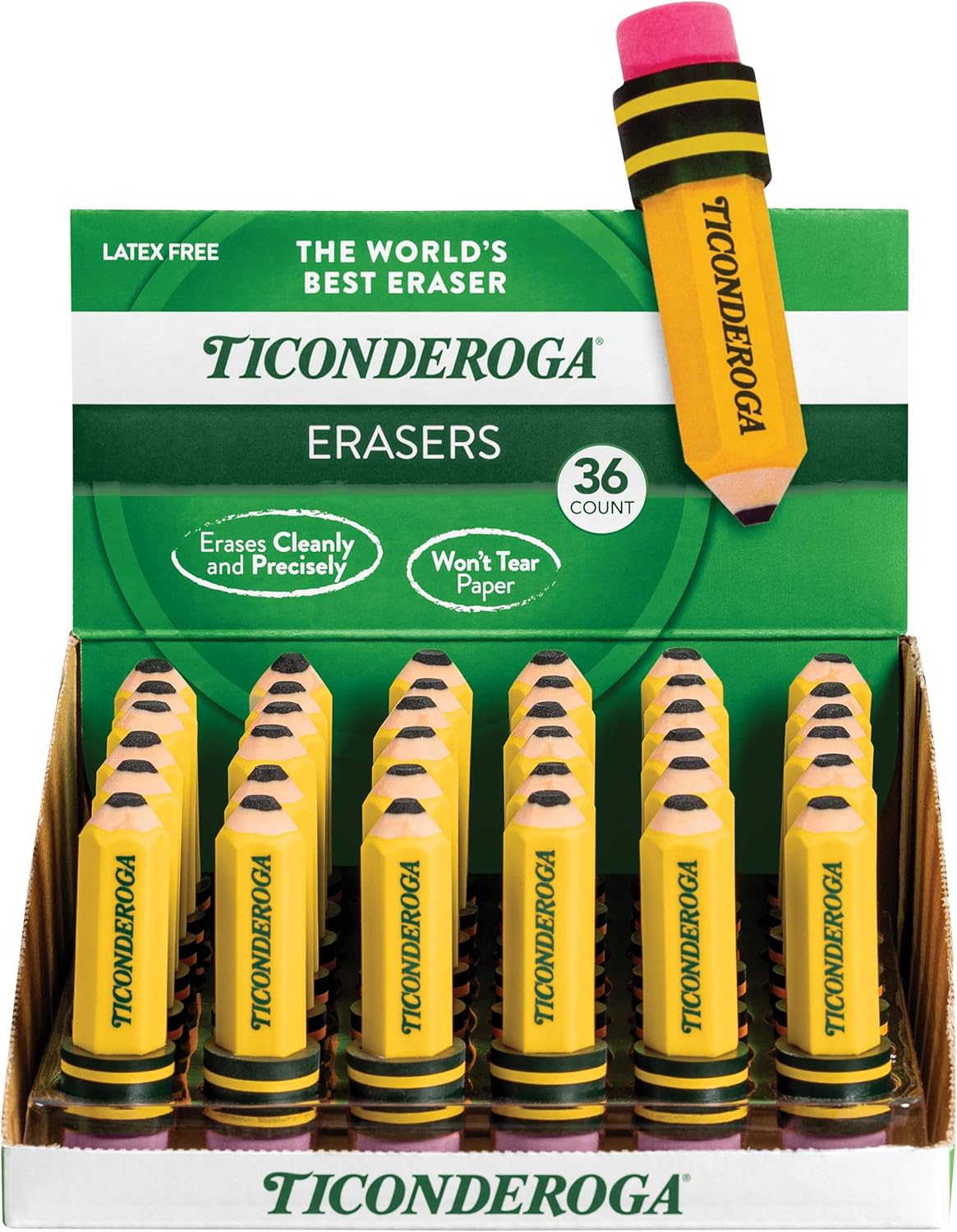 TICONDEROGA Erasers, Pencil Shaped, Yellow, 36-Pack (38936)
