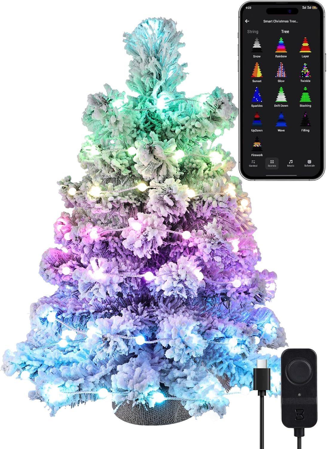 Brizled Snow Flocked Smart Christmas Tree, 2ft Mini Christmas Tree with 100 LED RGB Light, App/Voice Control 159+ Scenes Tabletop Xmas Tree USB C Music Small Tree Work with PD Power for Fireplace Desk