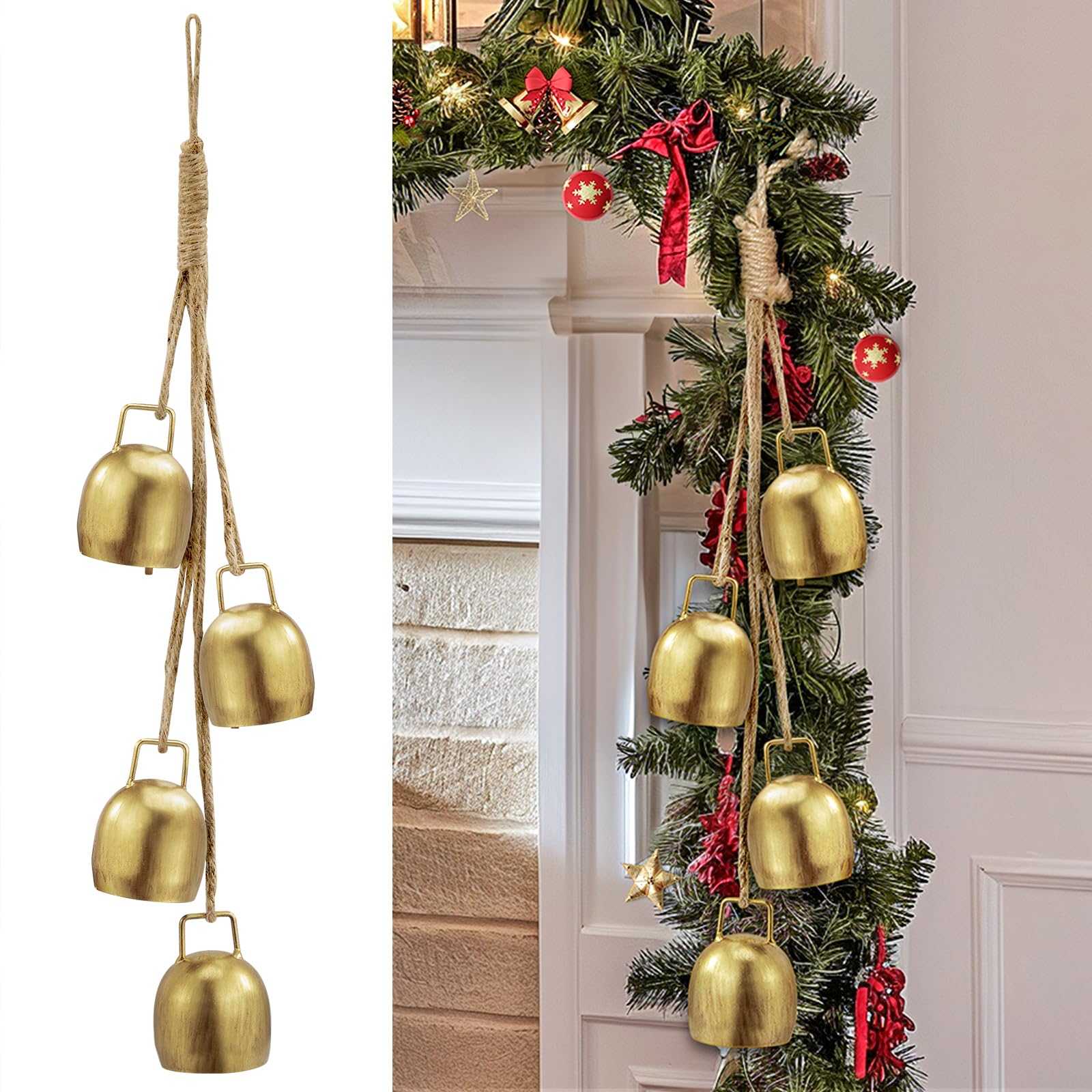 Minetom Set of 3 Christmas Bells, Decoraitve Brass Bells with Jute Hanging Rope for Christmas Decor Wreath Garland Tree Doors Windows Rustic Home Decor, Vintage Iron Bells
