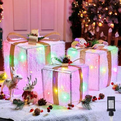 Brightown 3 Pieces Lighted Gift Boxes Outdoor Christmas Decorations, 12" 10" 8" with 60 Pre-Lit Mini String Lights，Foldable LED Boxes with Bows for Tree Indoor Outdoor Party Yard Home Decor