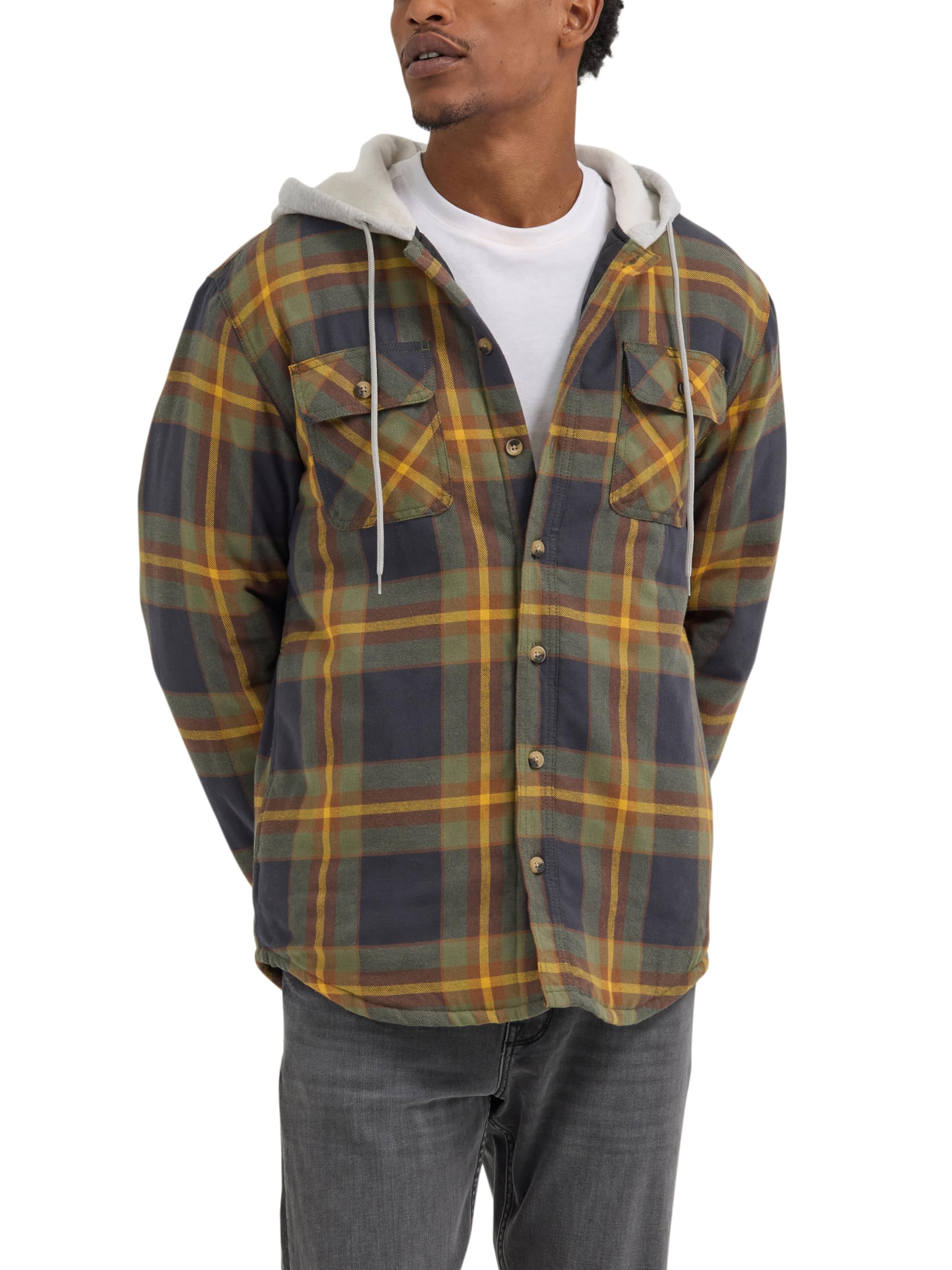 Wrangler Authentics Men's Long Sleeve Quilted Lined Flannel Shirt Jacket with Hood