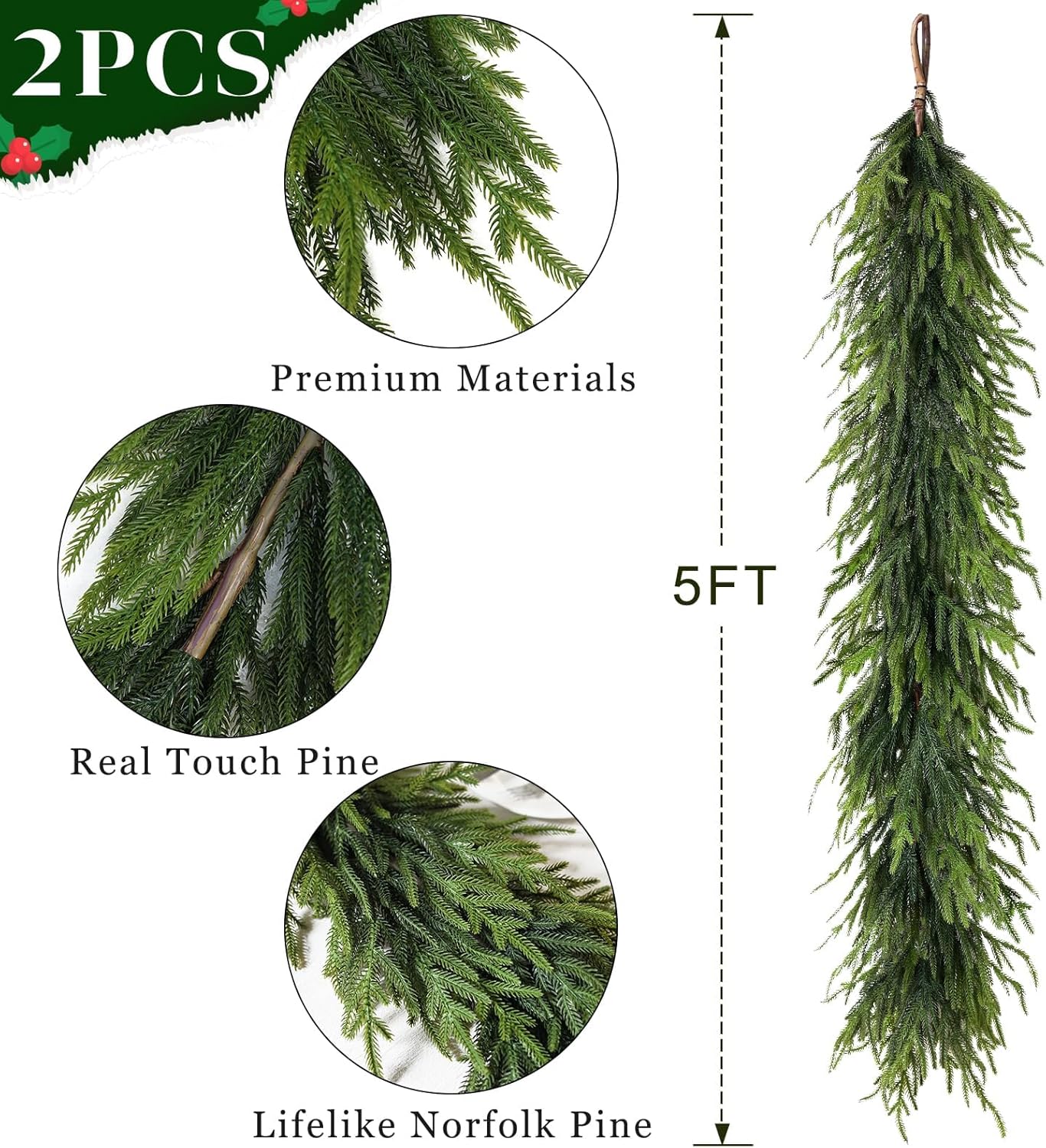 Artificial Norfolk Pine Garland - Faux Christmas Garland Fake Green Garland for Fireplace,Table, Stairs, Mantle, Window,Indoor Outdoor,Home,Holiday Decor (2 PCS,5 FT)