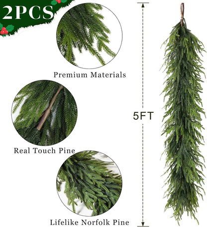 Artificial Norfolk Pine Garland - Faux Christmas Garland Fake Green Garland for Fireplace,Table, Stairs, Mantle, Window,Indoor Outdoor,Home,Holiday Decor (2 PCS,5 FT)