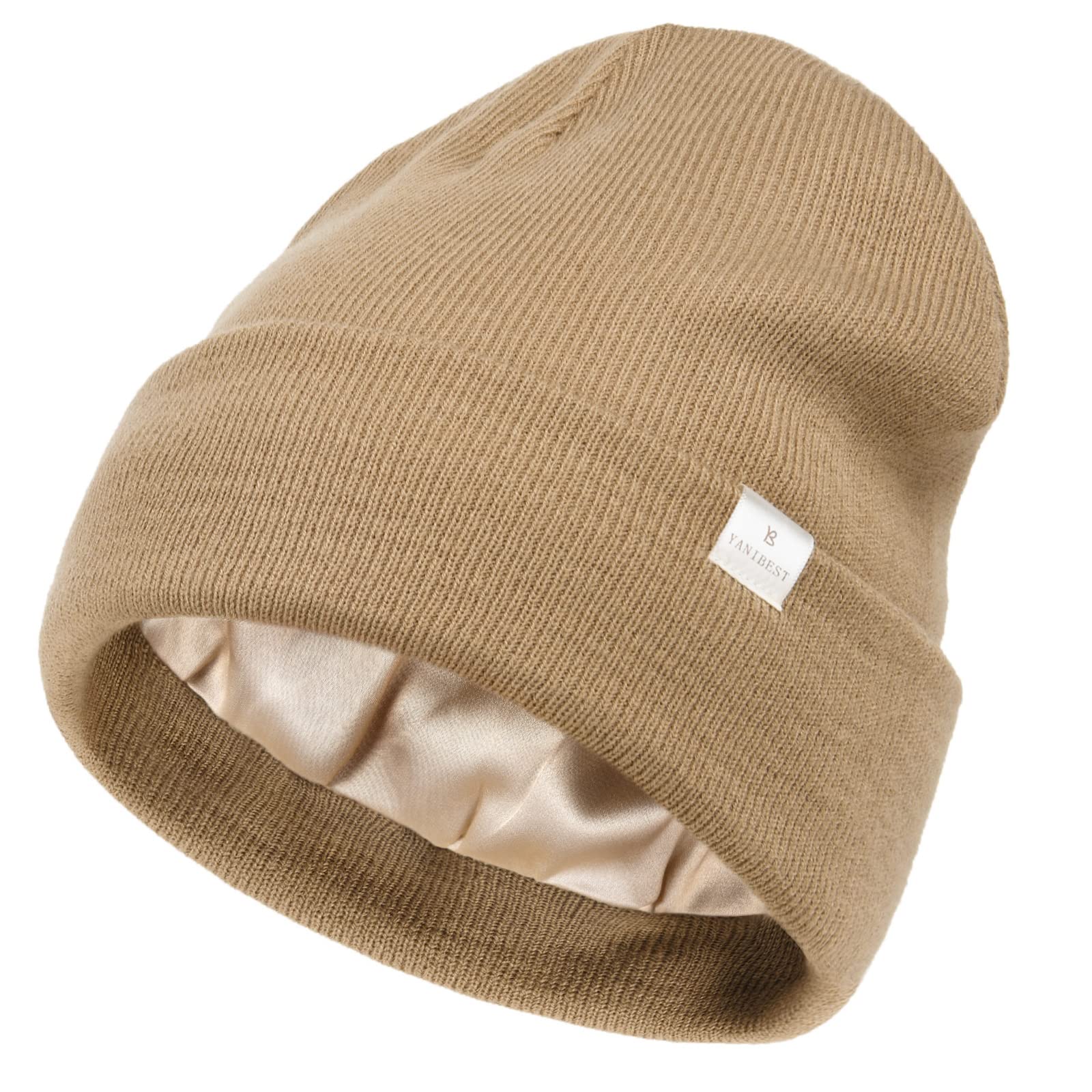 YANIBEST Womens Satin Lined Knit Beanie Hat Acrylic Winter Hats for Women Men Silk Lining Soft Slouchy Warm Cuffed Beanie Hat