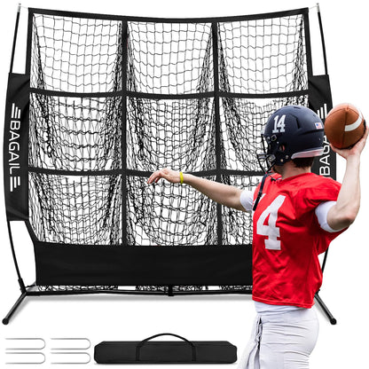 BAGAIL Football Throwing Net - 9 Target Pockets, Easy Setup, Heavy-Duty - Portable QB Accuracy Trainer, Fun Target Practice Net for Football with Carry Bag