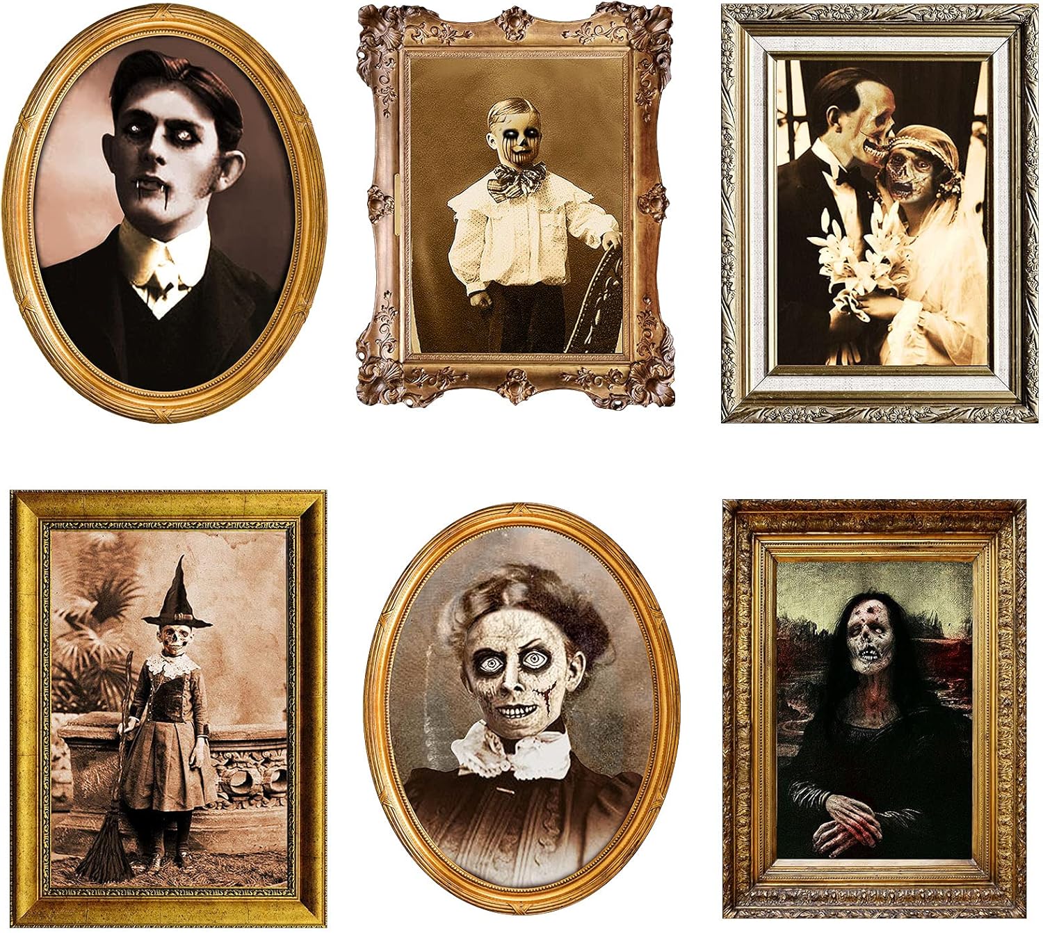 Halloween Decorations 3D Changing Face Horror Pictures Moving Portrait Haunted Pictures Gothic Mansion Portraits Tabletop Picture Frame Scary Wall Decoration for Halloween Party House (Chic,6 PCS)
