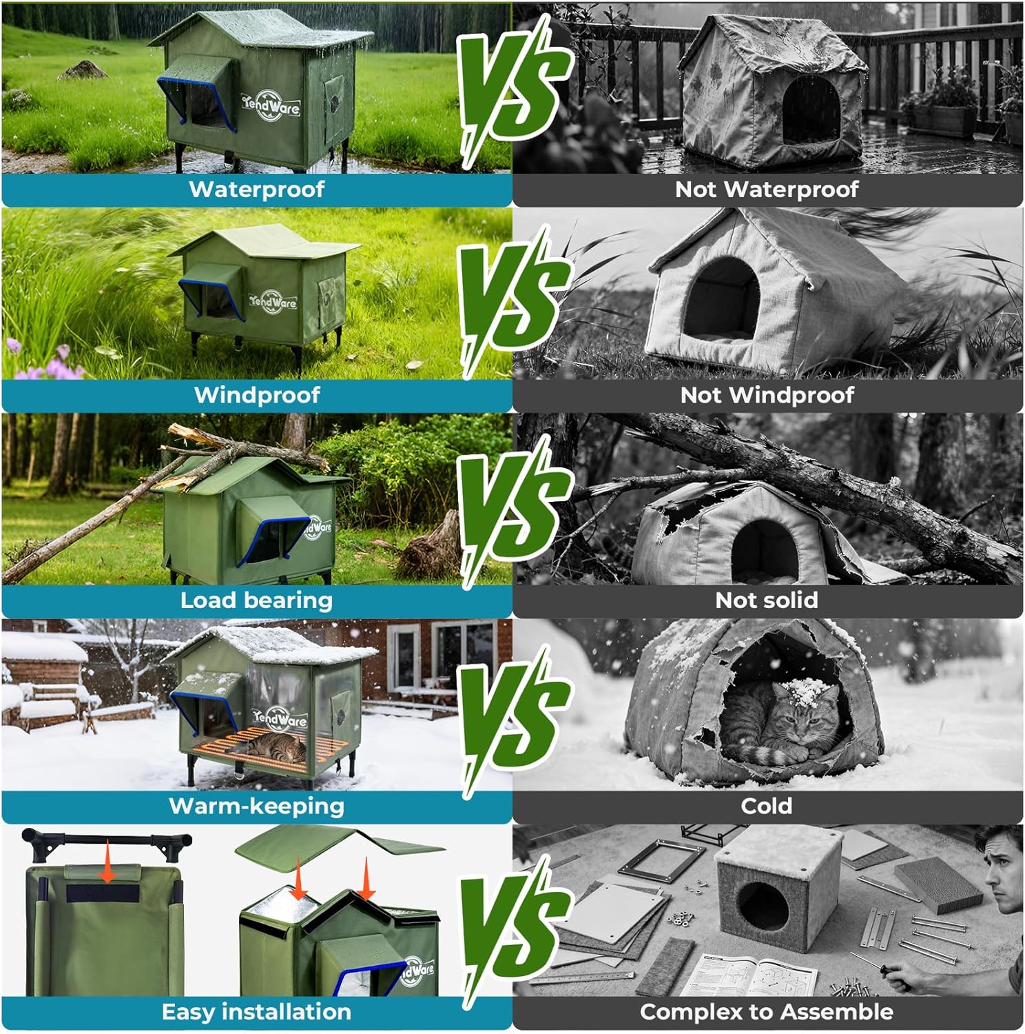 Outdoor Cat House Heated Cat House for Outside with Elevated Base Cat-Attracting Eave Design Feral Stray Shelter Weatherproof in Winter Garage Yard Porch Size M