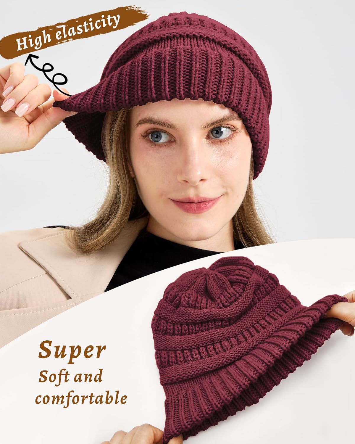 Cable Knit Slouchy Beanie for Women, Wool Winter Warm Womens Beanies, Trendy Oversized Slouch Hat Skull Ski Cap Hats