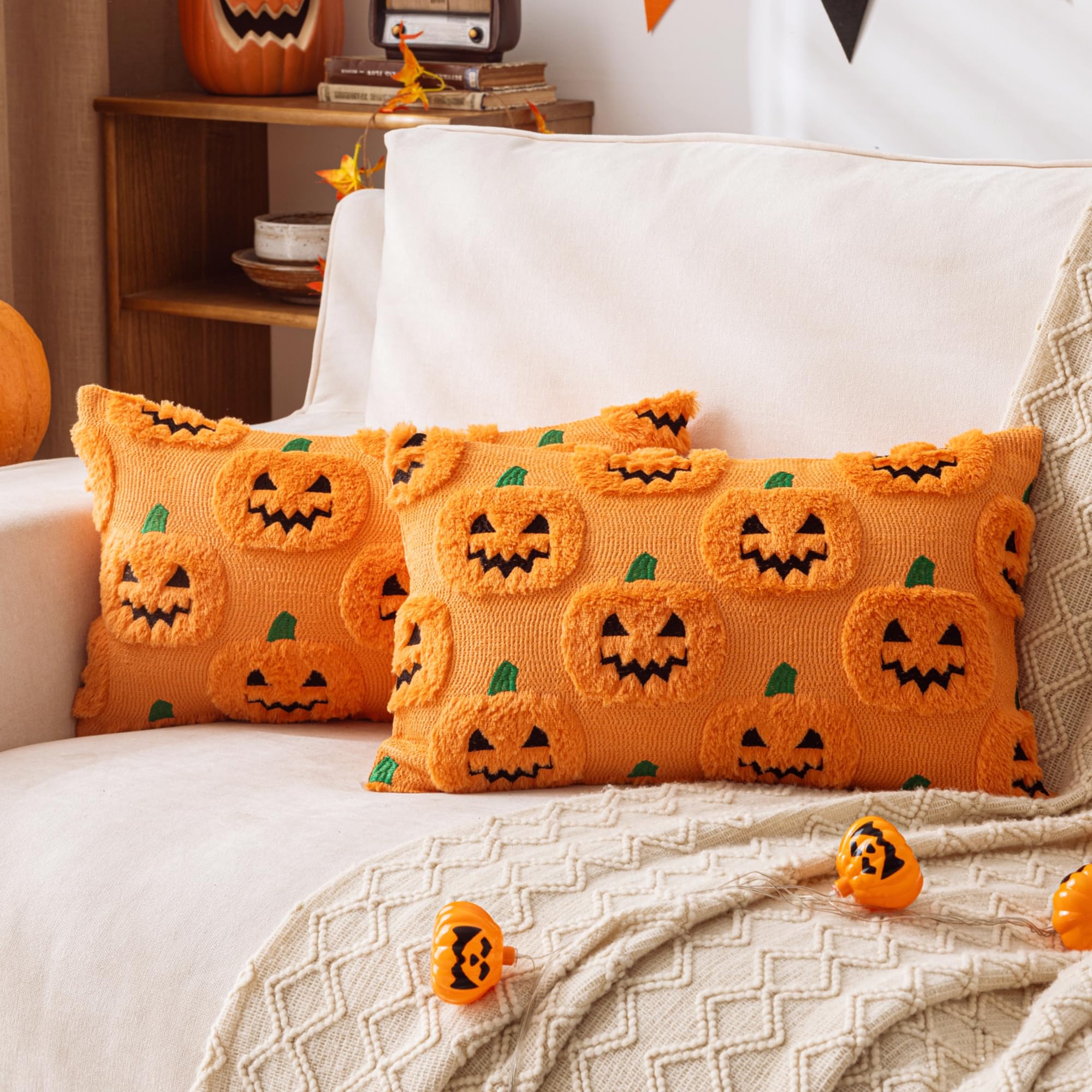 AQOTHES Halloween White Smile Ghost Throw Pillow Covers 18x18 inch Set of 2, Cute Skeleton Pillowcases Holiday Cushions Covers for Halloween Decorations Indoor Home Sofa Couch