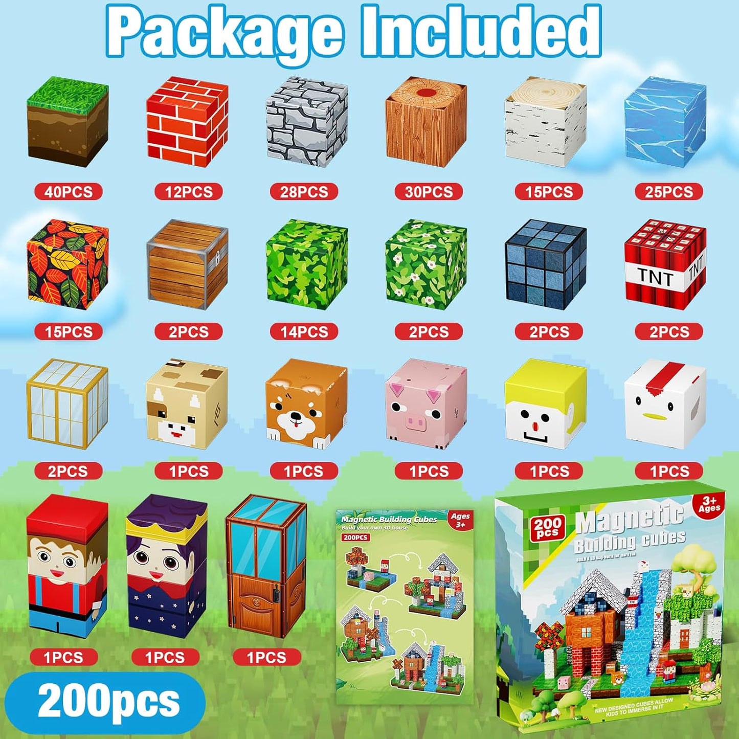 200PCS Magnetic Blocks, Magnetic Building Cube Toys for Kids, STEM Montessori Stacking, Sensory Education Toys for Toddlers Building World Set, Christmas Birthday Gifts for Kids Age 3 4 5 6 7 8 9 10