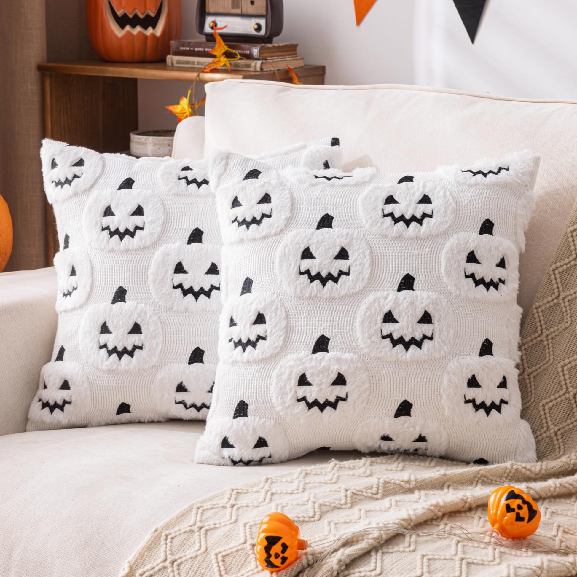 AQOTHES Halloween White Smile Ghost Throw Pillow Covers 18x18 inch Set of 2, Cute Skeleton Pillowcases Holiday Cushions Covers for Halloween Decorations Indoor Home Sofa Couch