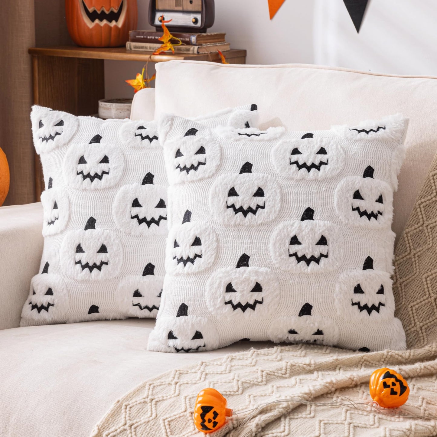 AQOTHES Halloween White Smile Ghost Throw Pillow Covers 18x18 inch Set of 2, Cute Skeleton Pillowcases Holiday Cushions Covers for Halloween Decorations Indoor Home Sofa Couch