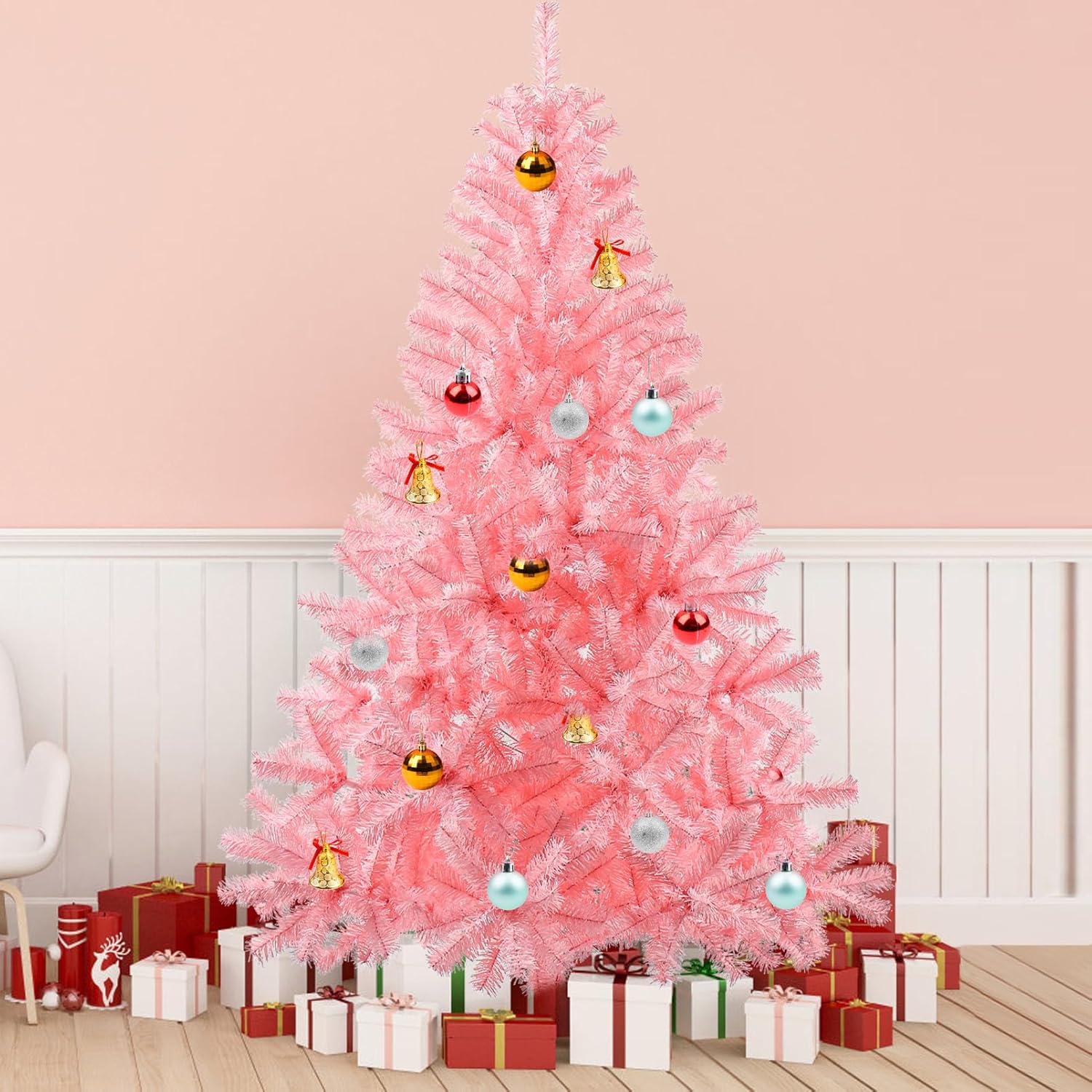6ft Pink Artificial Christmas Tree,Hinged Full Tree with 700 Branch Tips and Metal Stand Easy Assembly Xmas Tree for Indoor and Outdoor Decoration