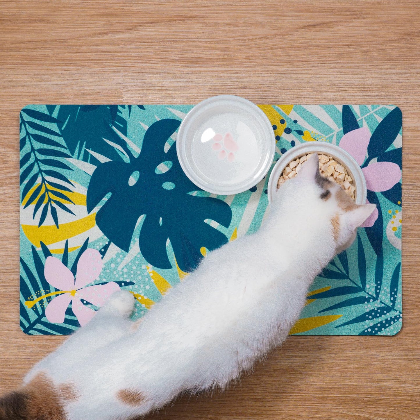 Absorbent Pet Feeding Mat for Food and Water No Stains Quick Dry Mat for Dog Cat Bowl, Dark Paw12x19 Inches