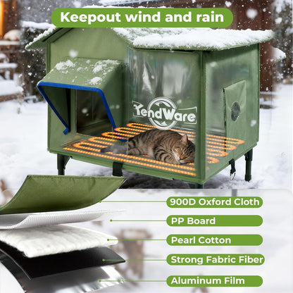 Outdoor Cat House Heated Cat House for Outside with Elevated Base Cat-Attracting Eave Design Feral Stray Shelter Weatherproof in Winter Garage Yard Porch Size M