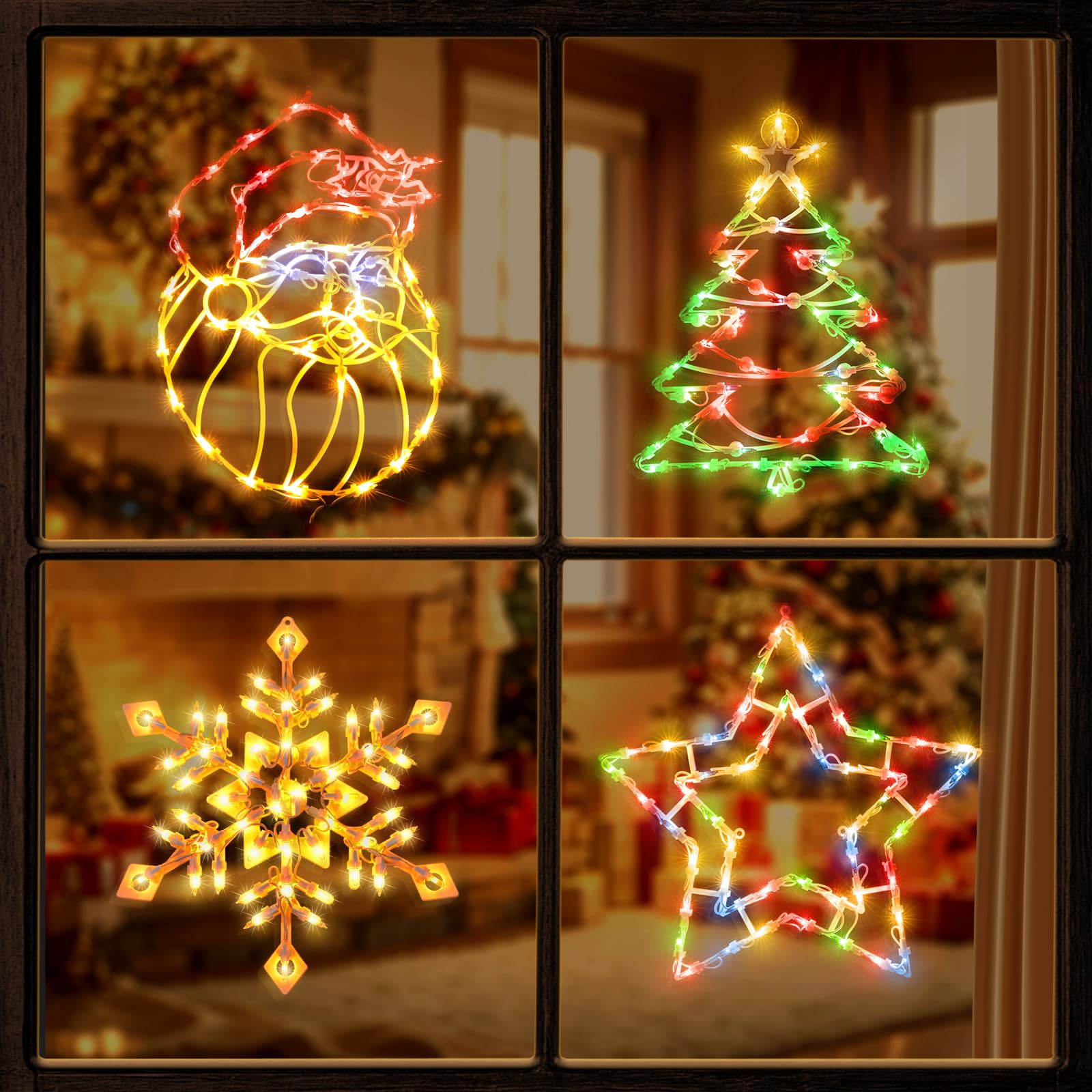 Christmas Window Silhouette Lights Decorations - Pack of 4 Sign Colour Lighted Wreath, Candy Cane, Bell, and Angel for Holiday Indoor Wall Door Glass Decor