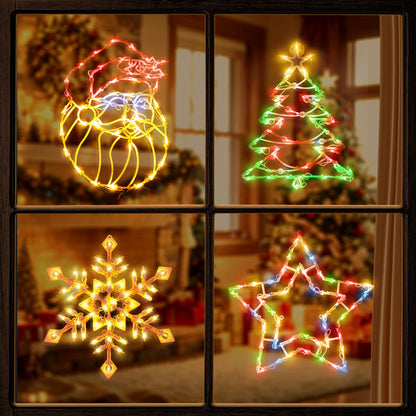 Christmas Window Silhouette Lights Decorations - Pack of 4 Sign Colour Lighted Wreath, Candy Cane, Bell, and Angel for Holiday Indoor Wall Door Glass Decor