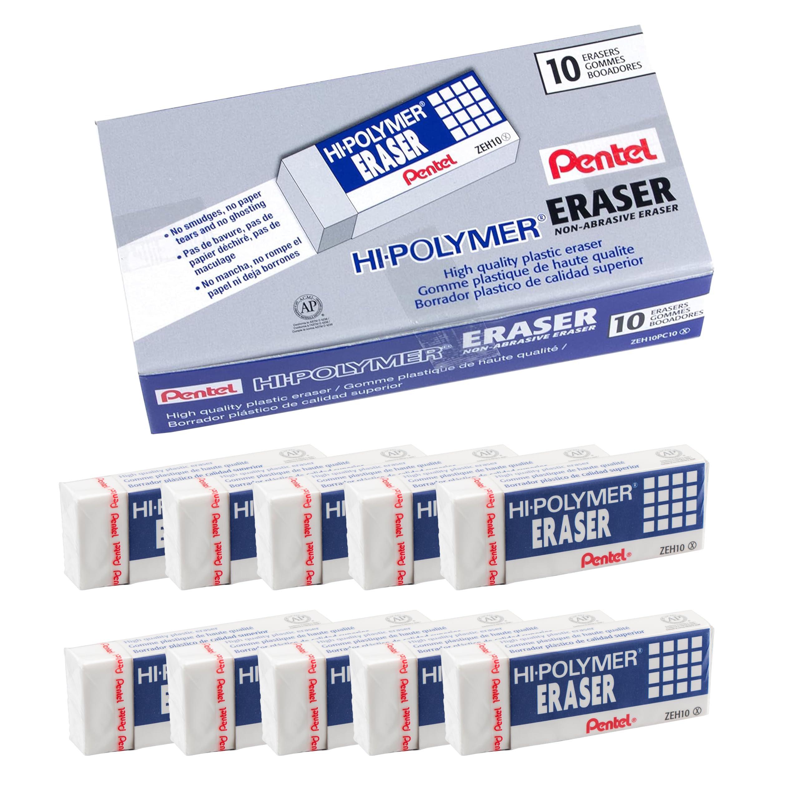 Pentel Arts Hi-Polymer White Cap Erasers, Pack of 10 (ZEH02PABP10)