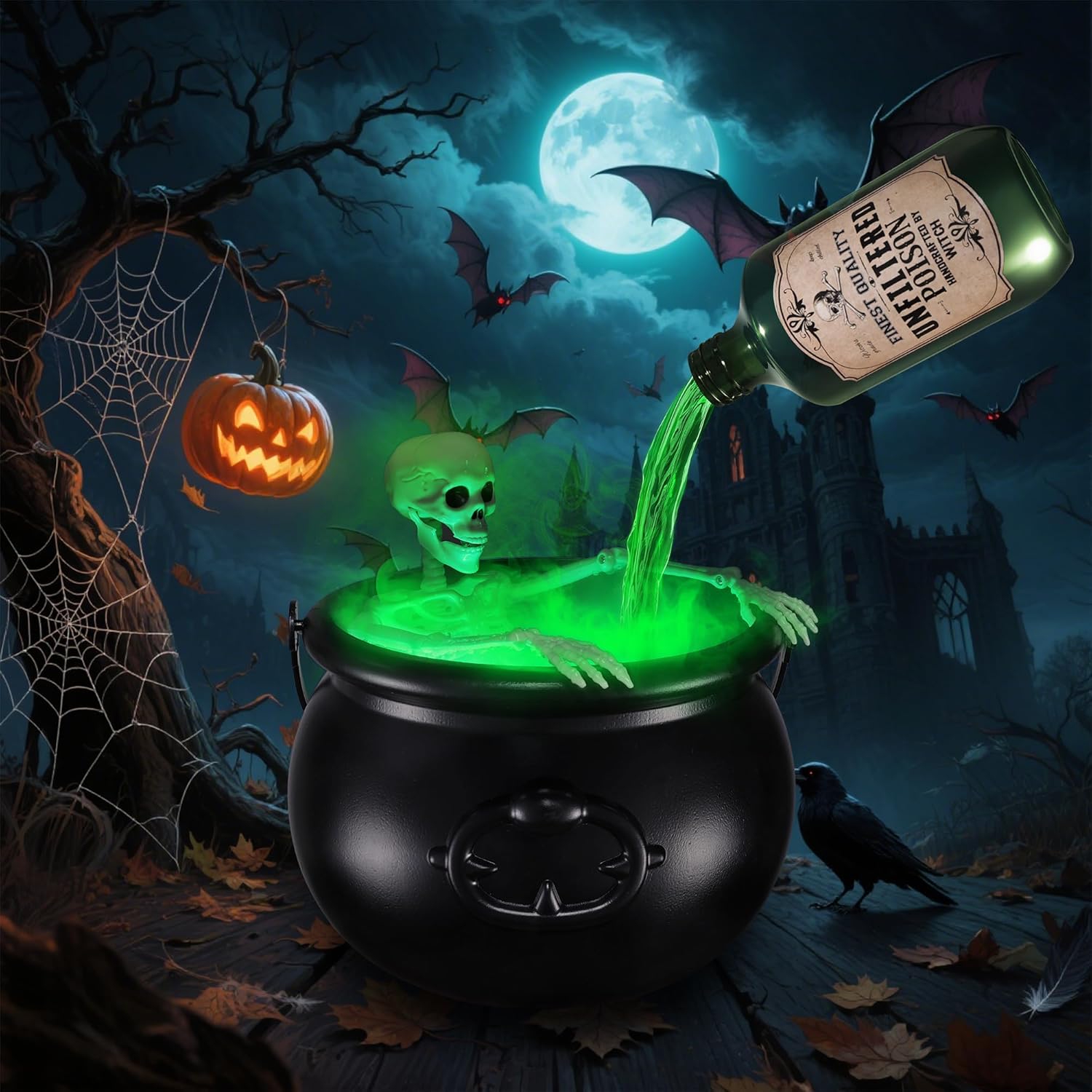 Halloween Decorations Indoor - Black Plastic Witches Cauldron Bowl with Skeleton, Magic Floating Potion Bottles & Green Lights Fog Maker, Cauldron Halloween Decor for Spooky Vintage Home Kitchen Decor