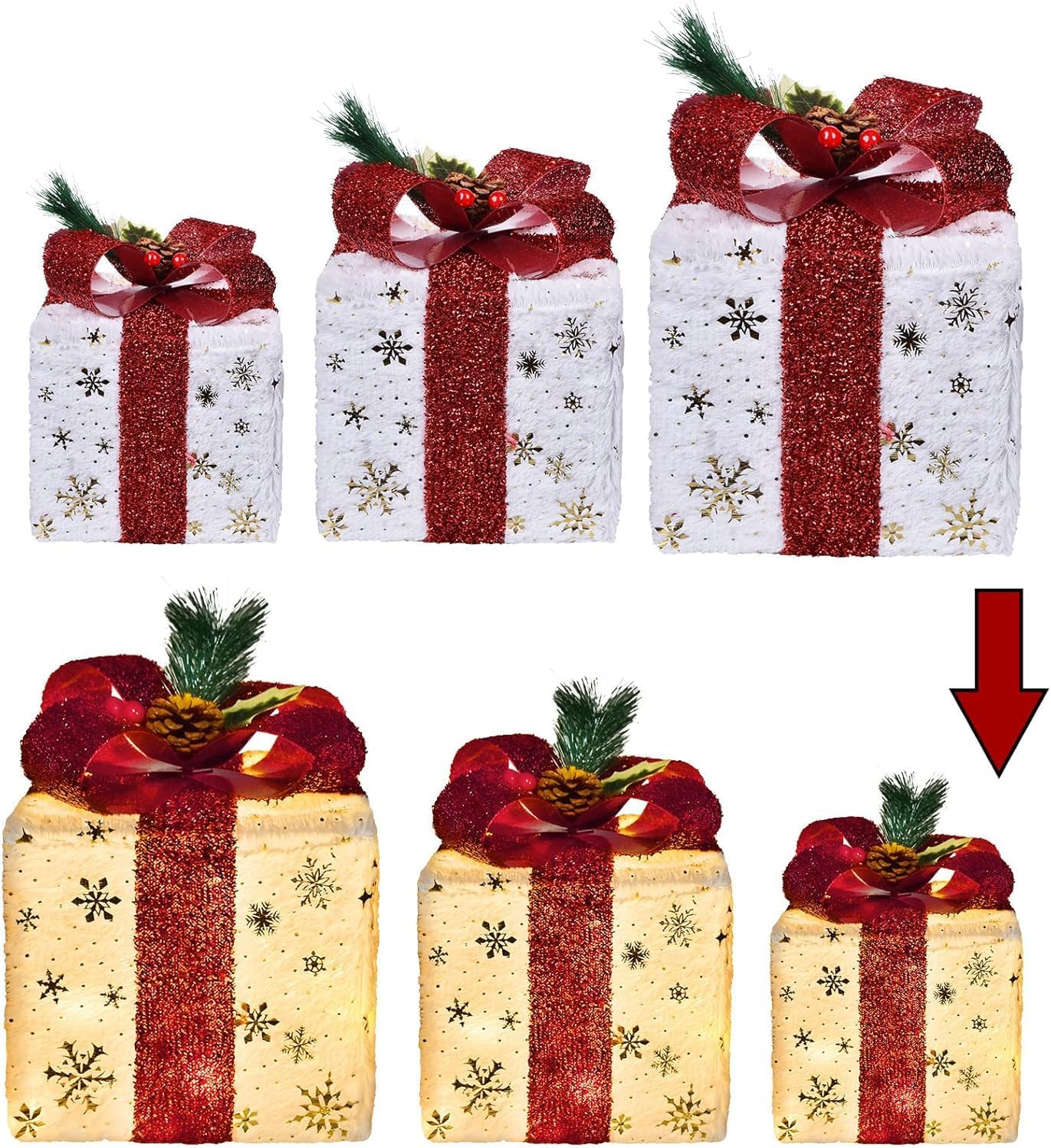 Set of 3 Christmas Lighted Gift Boxes, Pre-lit 60LED Light Up Present Boxes Ornament Outdoor, Boxes with Gold Snowflake, Battery Operated Christmas Decorations for Indoor Home, Party, Lawn Decor