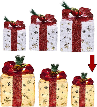 Set of 3 Christmas Lighted Gift Boxes, Pre-lit 60LED Light Up Present Boxes Ornament Outdoor, Boxes with Gold Snowflake, Battery Operated Christmas Decorations for Indoor Home, Party, Lawn Decor