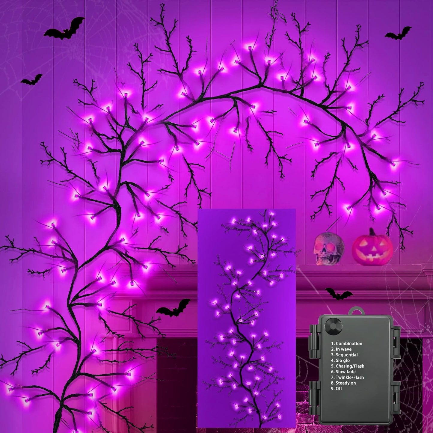 [8 Modes & Timer] 6 Ft 54LED Halloween Garland with Lights, Orange Purple Willow Vine Twig Garland Battery Operated Indoor Outdoor Fireplace Table Wall Home Party Halloween Decor