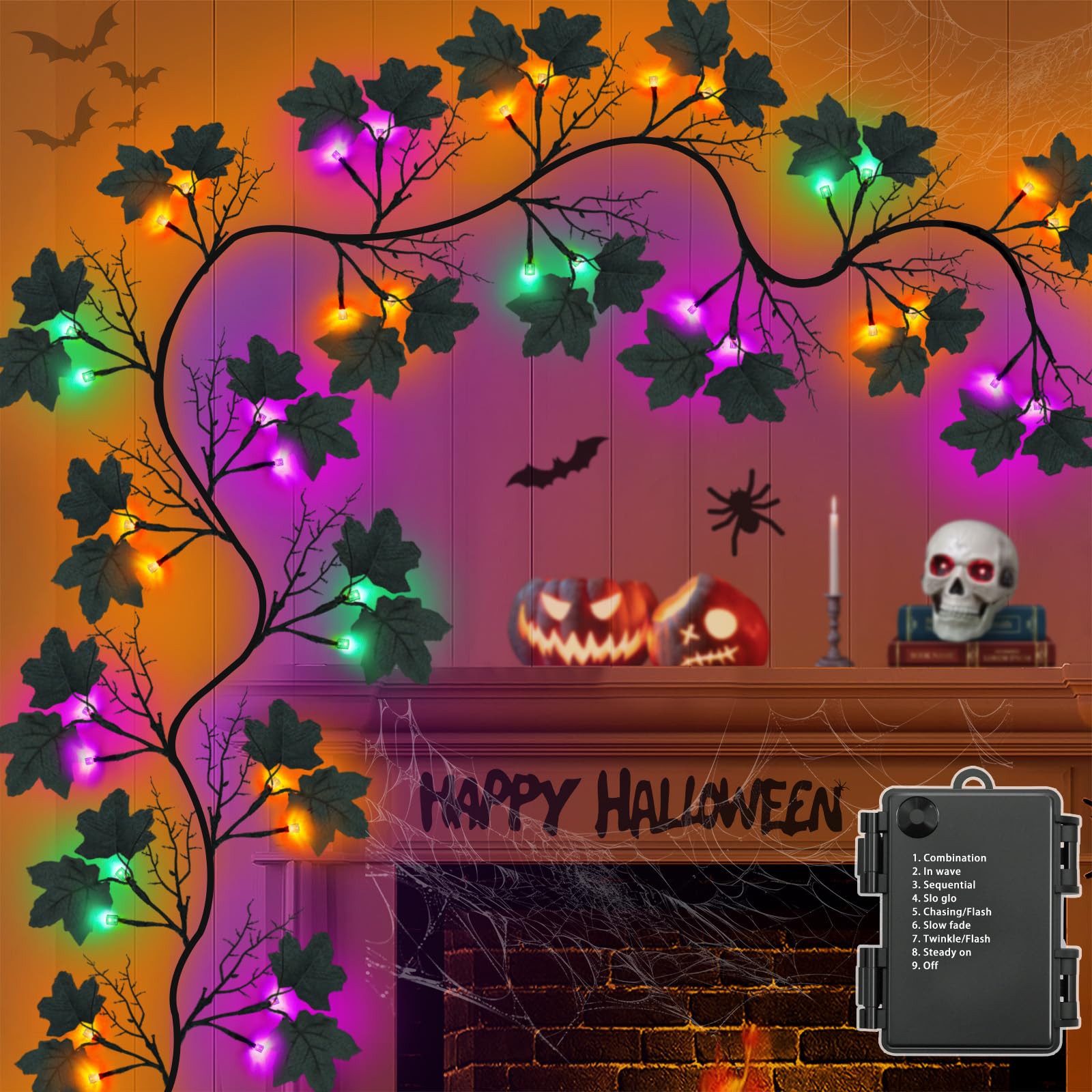 9 FT 72 LED Halloween Decorations Willow Vine Twig Decor with Orange Purple Lights and Dead Branches Black Leaves -Battery Operated 8 Modes for Indoor Wall Fireplace Halloween Decorations