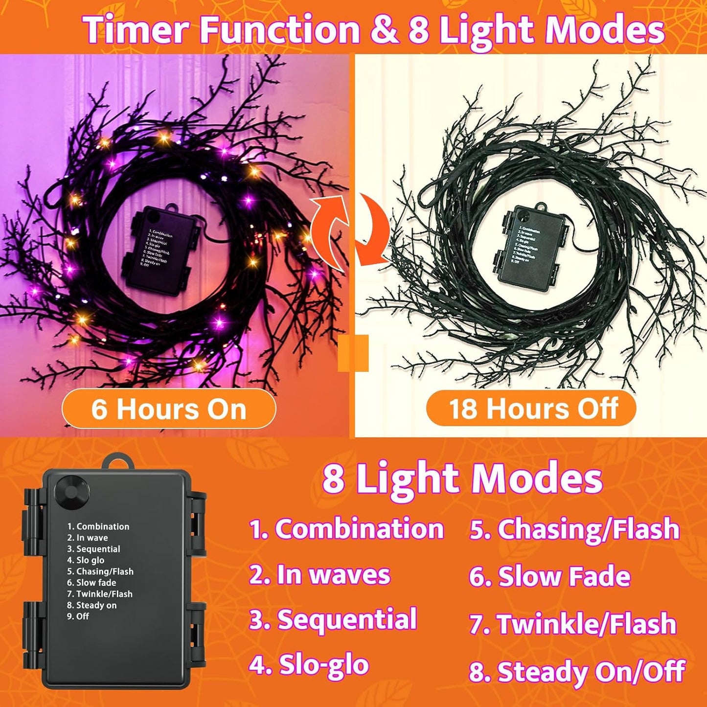 [8 Modes & Timer] 6 Ft 54LED Halloween Garland with Lights, Orange Purple Willow Vine Twig Garland Battery Operated Indoor Outdoor Fireplace Table Wall Home Party Halloween Decor