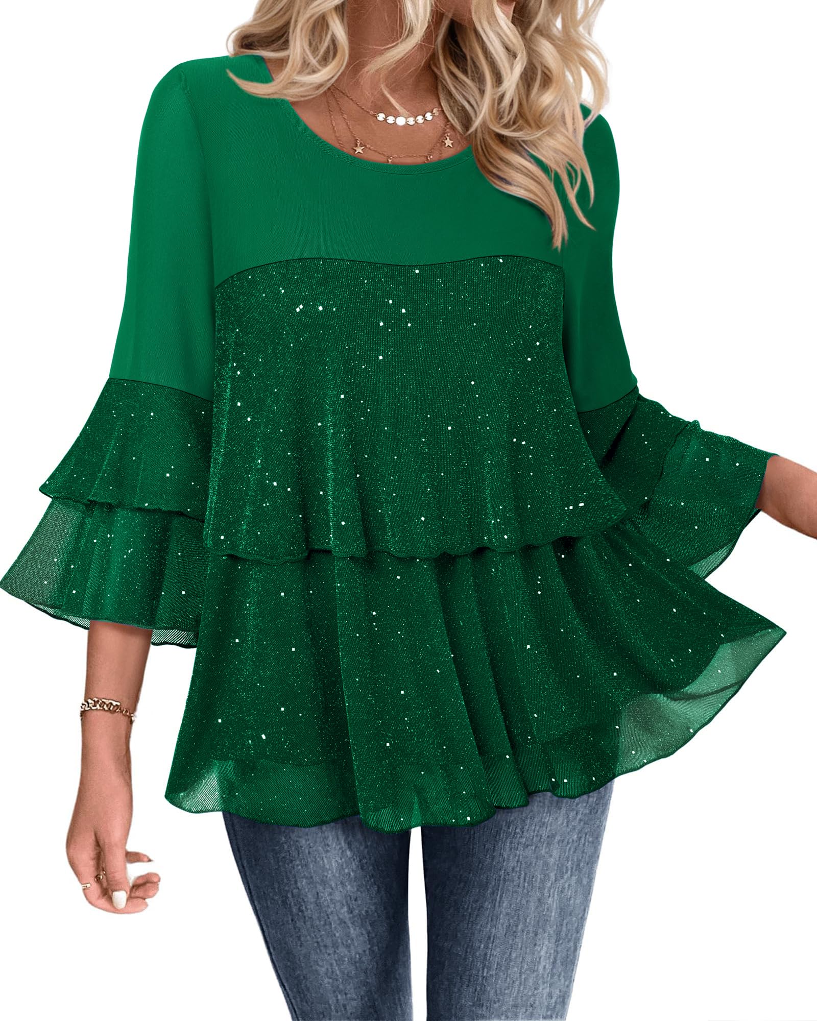Bebonnie Womens Dressy Sparkly Tops 3/4 Sleeve Ruffles Elegant Evening Flowy Blouse