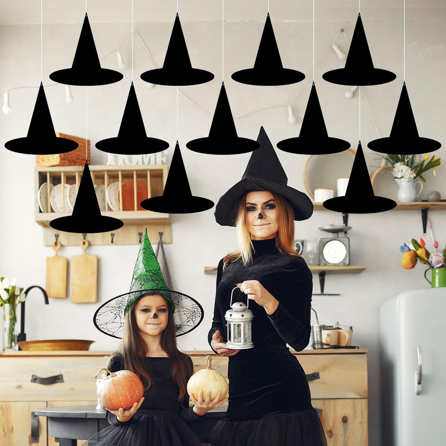 24Pcs Halloween Paper Witch Hat Hanging Decorations, Black Witch Hat Hanging Ornament for Yard Home Ceiling Wall Tree Decor, Spooky Paper Witch Hats Backdrop for Halloween Party Supplies