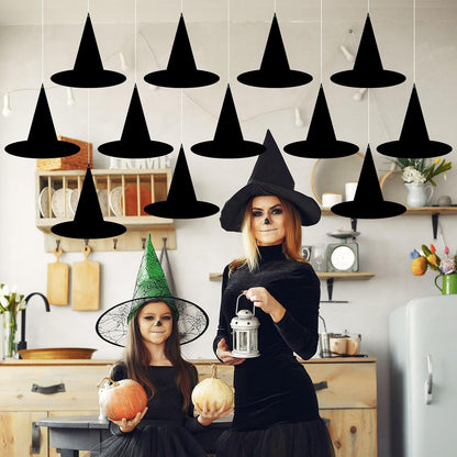 24Pcs Halloween Paper Witch Hat Hanging Decorations, Black Witch Hat Hanging Ornament for Yard Home Ceiling Wall Tree Decor, Spooky Paper Witch Hats Backdrop for Halloween Party Supplies