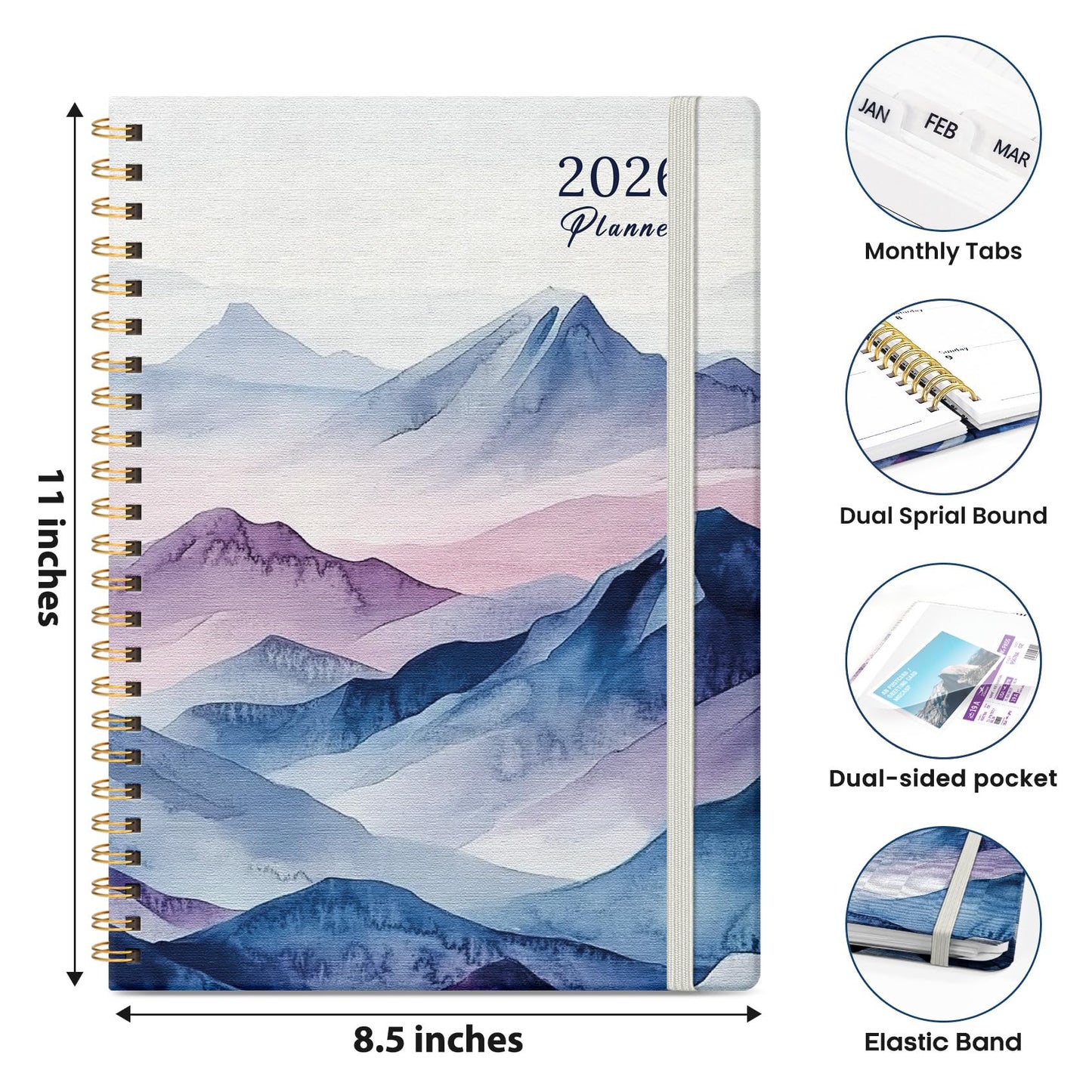 Hardcover 2026 Planner, Weekly and Monthly Calendar, Jan - Dec 2026 Planner Book with Tabs for Women, Inner Pocket, Spiral Bound, Perfect for Office/Home/School Supplies, Petals, A5, 6.3" x 8.5"