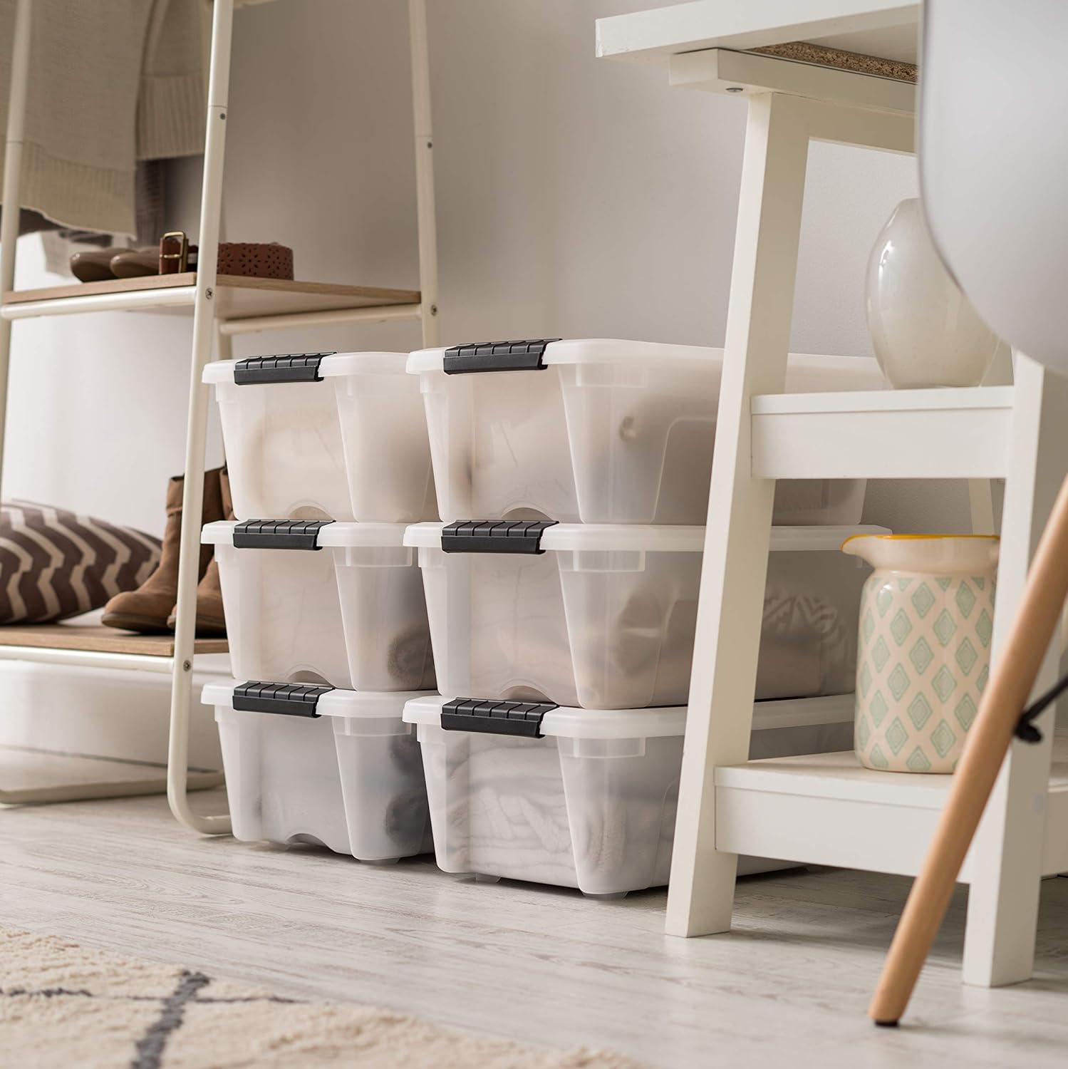 IRIS USA 13 Qt Stackable Plastic Storage Bins with Lids, 6 Pack - BPA-Free, Made in USA - Discreet Organizing Solution, Latches, Durable Nestable Containers, Secure Pull Handle - Pearl