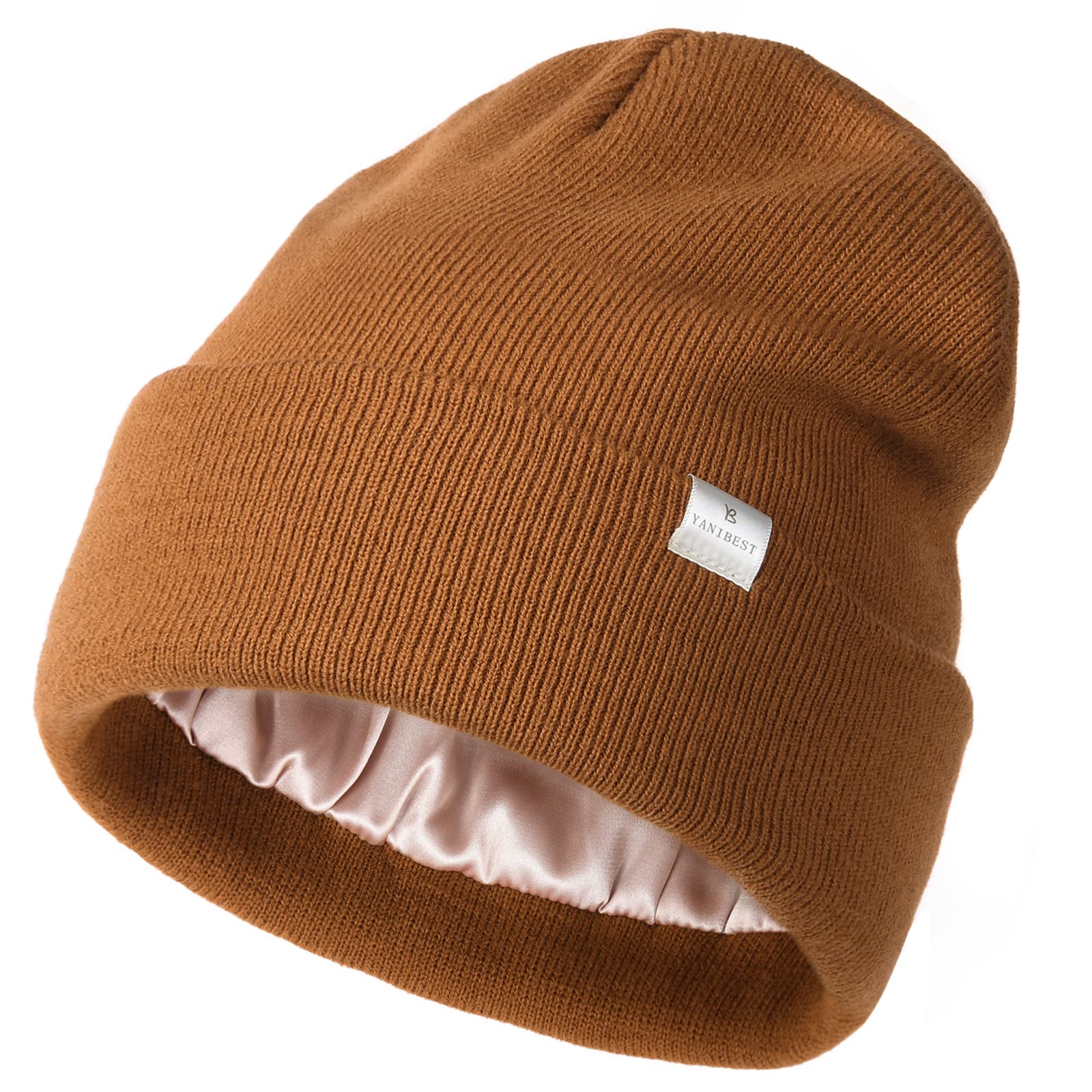 YANIBEST Womens Satin Lined Knit Beanie Hat Acrylic Winter Hats for Women Men Silk Lining Soft Slouchy Warm Cuffed Beanie Hat