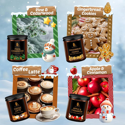 Winter Candle Set, Candles for Home Scented, 4 Pack Soy Candles for Holiday, Holiday Candle Gifts for Women Men, Winter Scents of Gingerbread Cookies/Apple & Cinnamon/Coffee Latte/Pine & Cedarwood