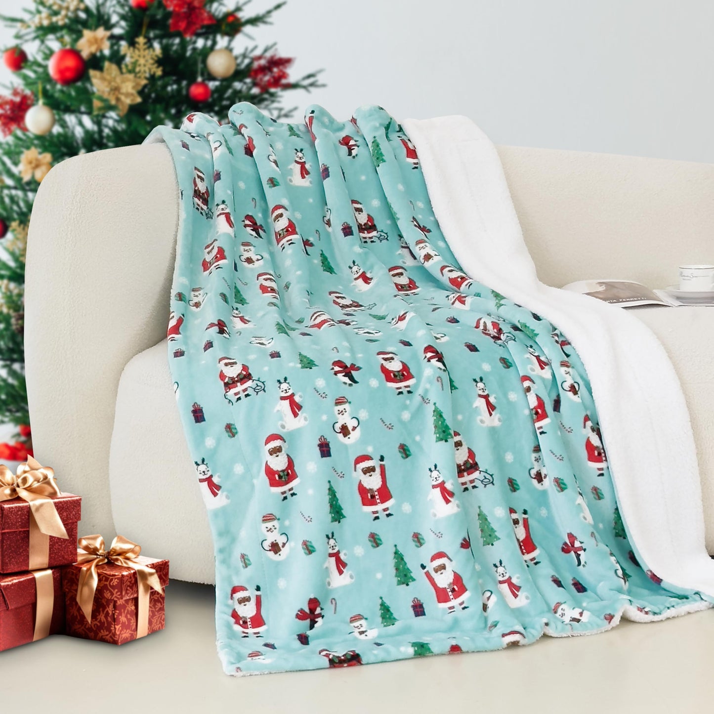 Elegant Comfort Reversible and Ultra-Plush Flannel Fleece-Winter Christmas Sherpa Throw- Lightweight Soft and Cozy-Holiday Decorative Throw, Perfect for Lounging, 50 x 60 inches, Emerald Green Deer