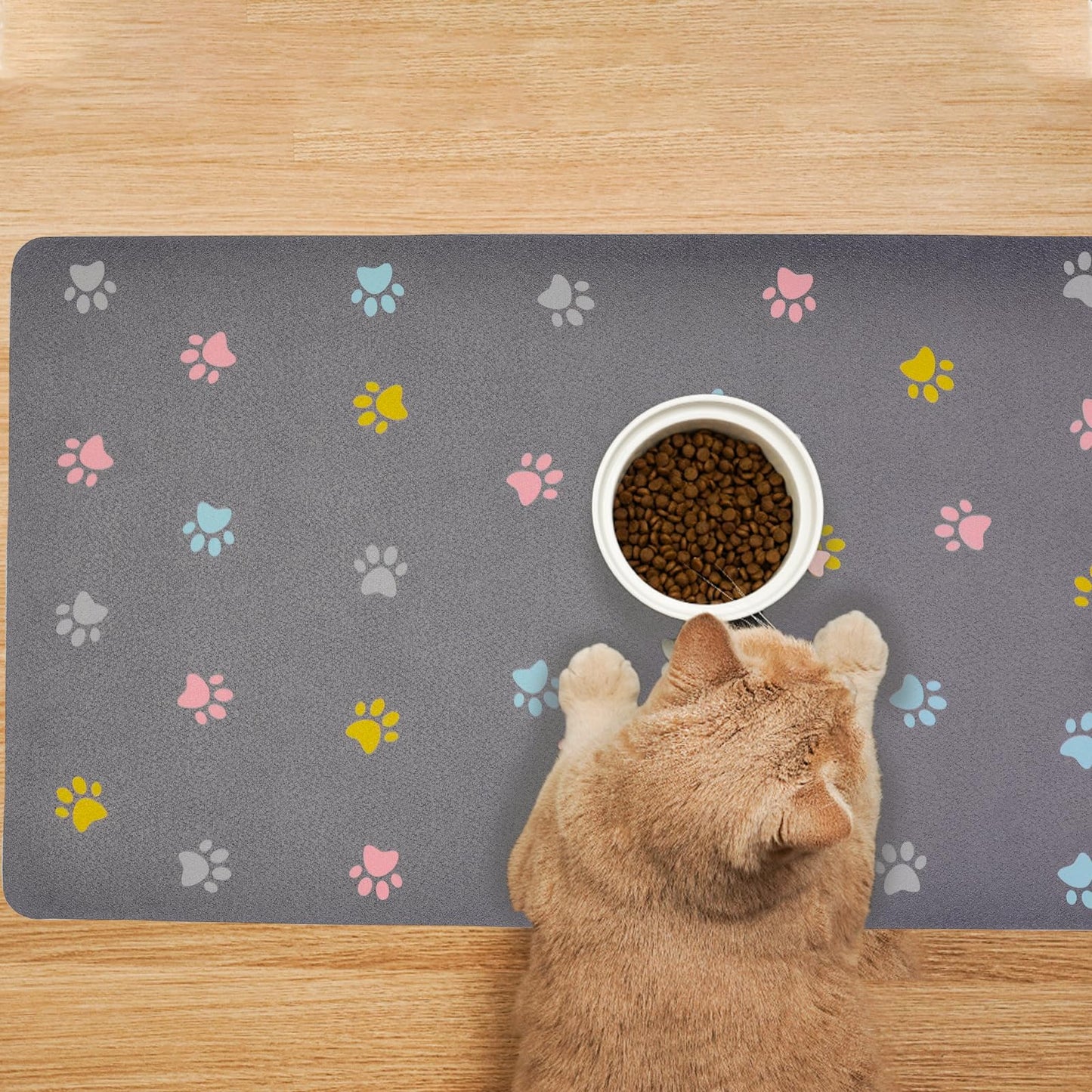 Absorbent Pet Feeding Mat for Food and Water No Stains Quick Dry Mat for Dog Cat Bowl, Dark Paw12x19 Inches