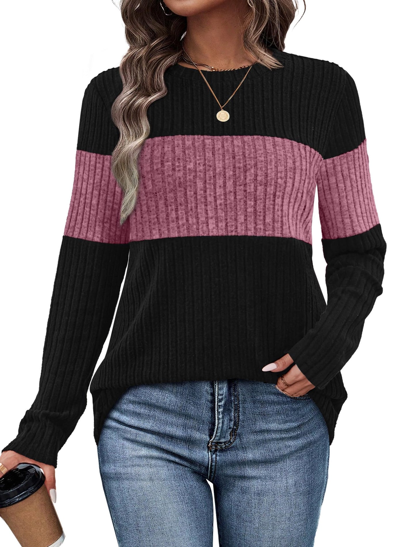 WIHOLL Womens Sweaters Trendy Color Block Tops Long Sleeve Shirts Fall Outfits Early Fall Fashion 2025 Winter Clothing
