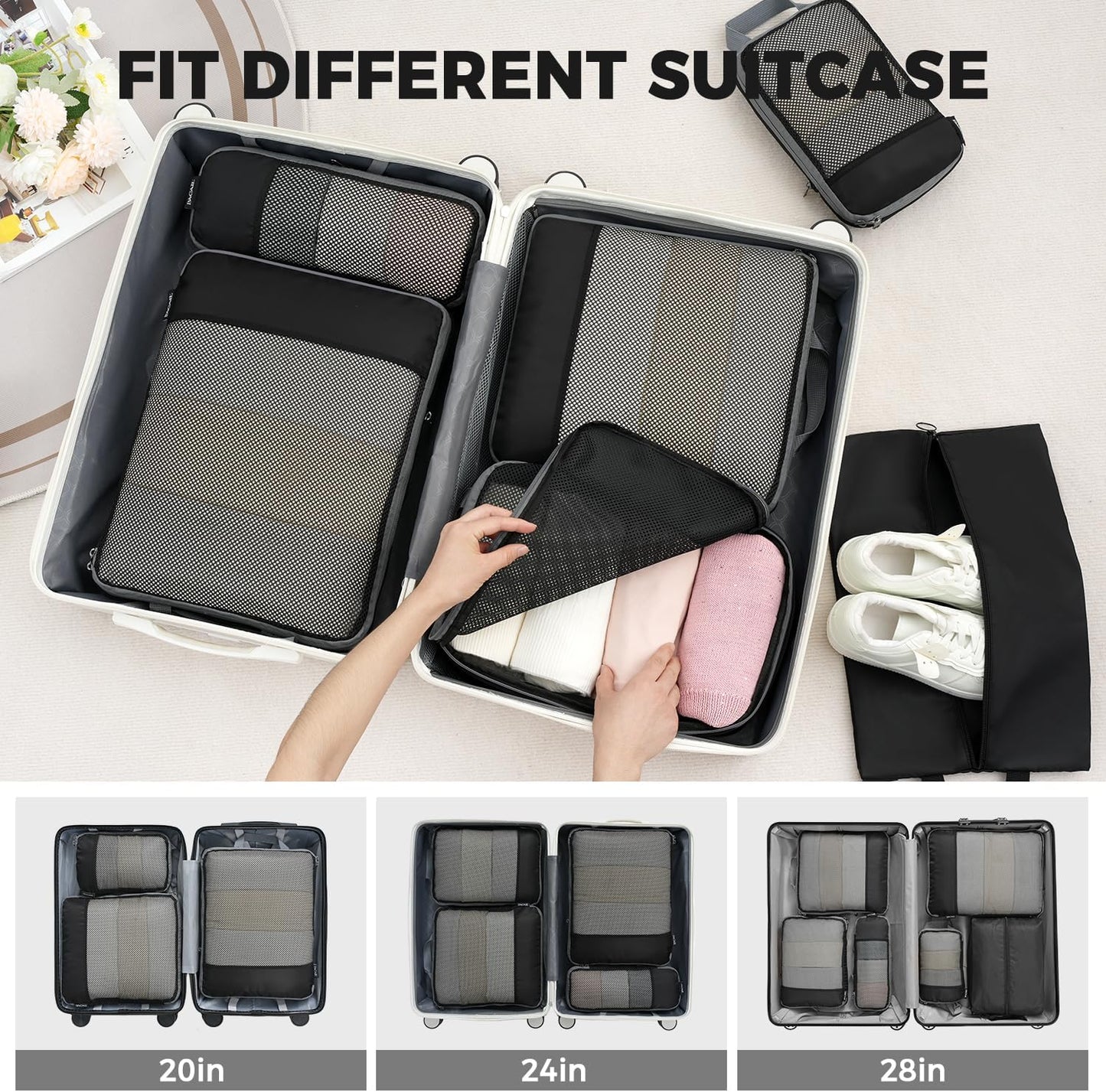 BAGAIL 4 Set/6 Set/8 Set Compression Packing Cubes Travel Accessories Expandable Packing Organizers (Half Mesh, 6-Black)