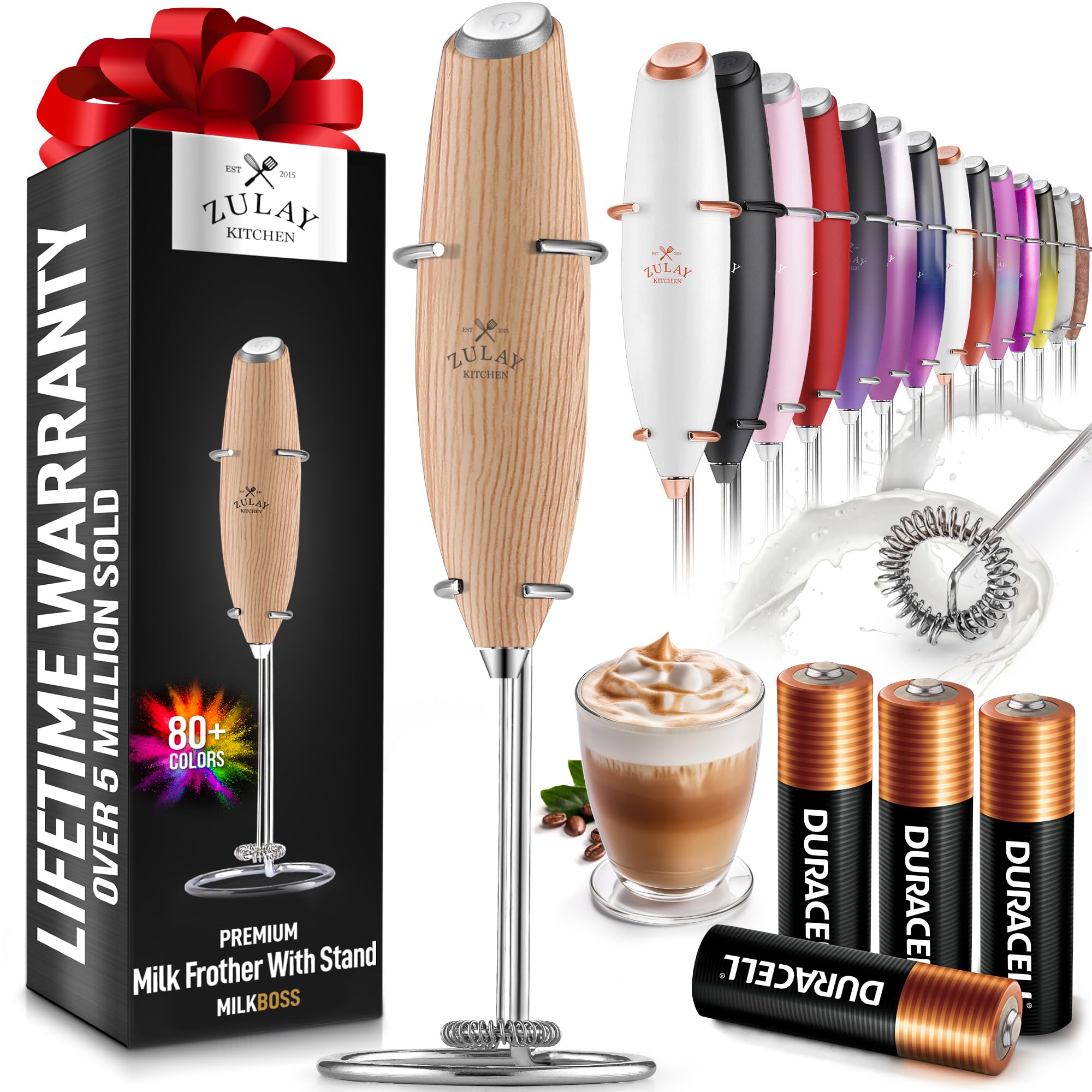 Zulay Kitchen Powerful Milk Frother Wand With 2 Duracell Batteries - Ultra Fast Handheld Drink Mixer - Electric Whisk Foam Maker for Coffee, Lattes, Cappuccino, Matcha, Hot Chocolate & Creamer - Black