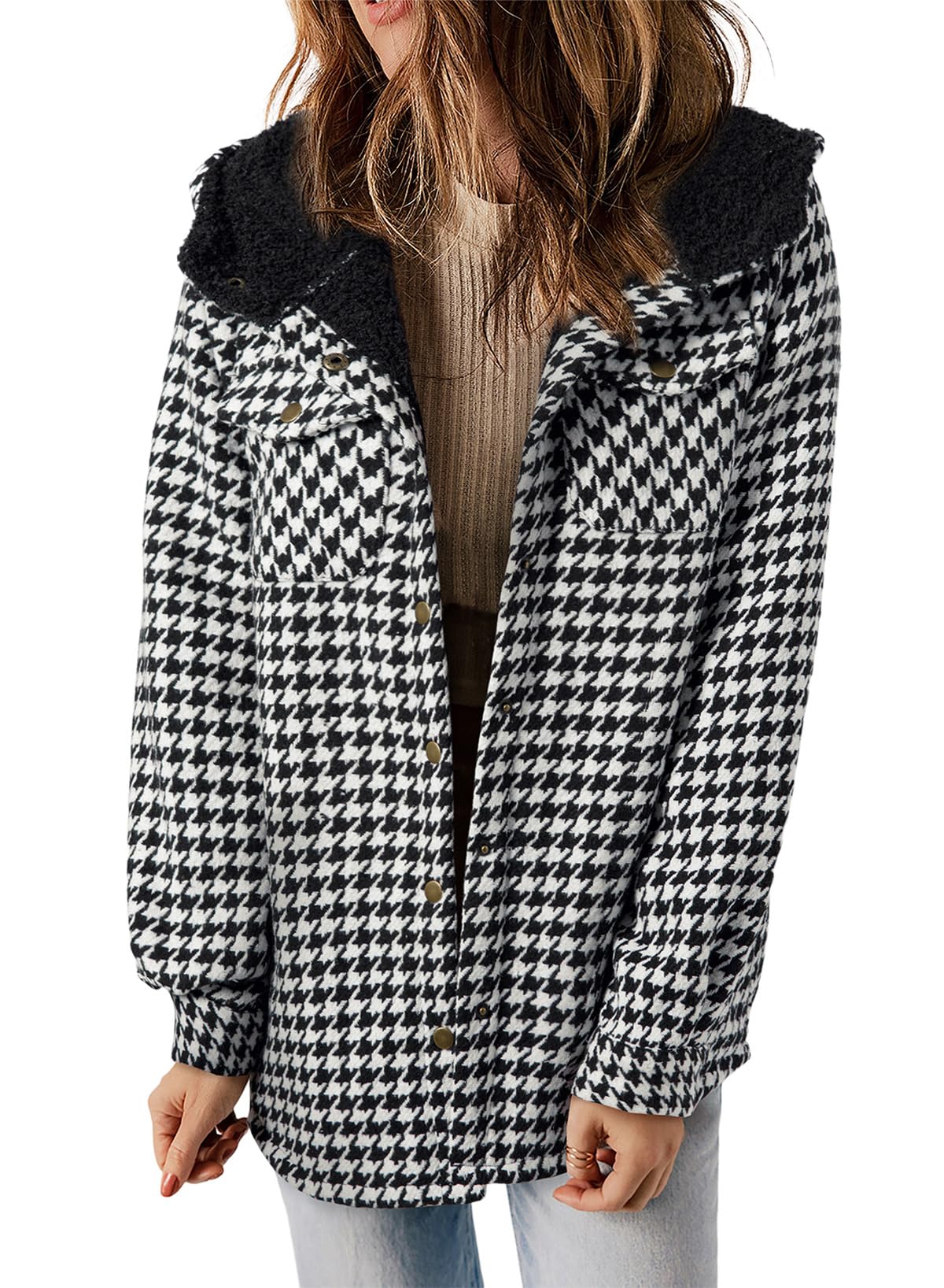 Dokotoo Womens Plaid Shacket Jacket Long Sleeve Button Down Fleece Hooded Jackets Warm Coat