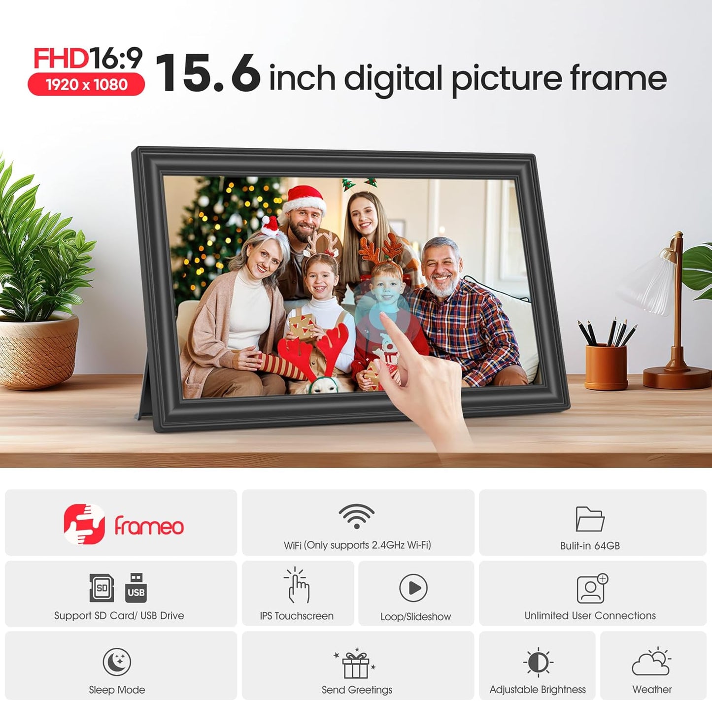 64GB 15.6" Frameo Digital Picture Frame WiFi, Large Electronic Photo Frames 1920 x 1080 IPS FHD Touch Screen, Send Photos from Your Phone from Anywhere, Best Gifts for Parents and Grandparents