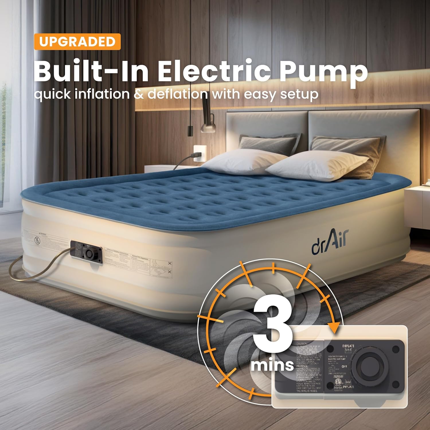 Queen Air Mattress, 18” Raised Inflatable Bed with Built-in Pump, Waterproof Velvety Top, Ergonomic Design, Reinforced Support, and Carry Bag for Home, Camping, and Guests