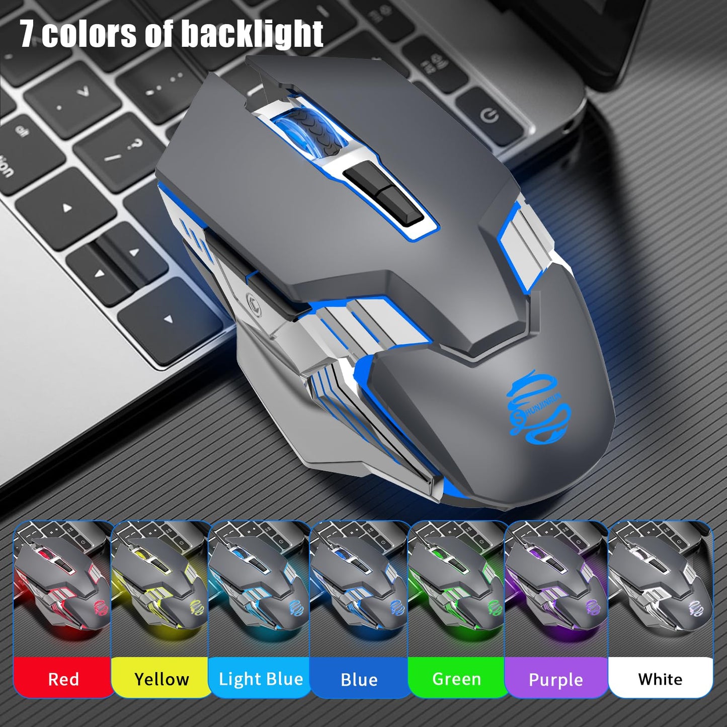 Bluetooth Gaming Mouse, RGB Rechargeable USB Wireless Mouse, Quiet Click, LED Backlit, Ergonomic, with Side Button, 6 Button, DPI Adjustable, Computer Mice for Laptop PC MacBook Chromebook - Grey