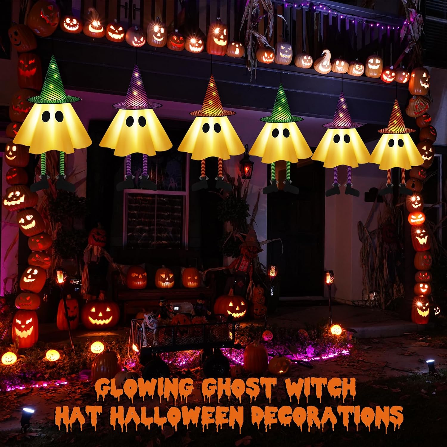 3 PCS Halloween Hanging Ghosts - Halloween Decorations Outdoor Hanging Ghosts with Witch Hats, Glowing Ghost Witch Hats Lights, Halloweens Ghosts Decor for Yard Door Patio Garden Tree Outside