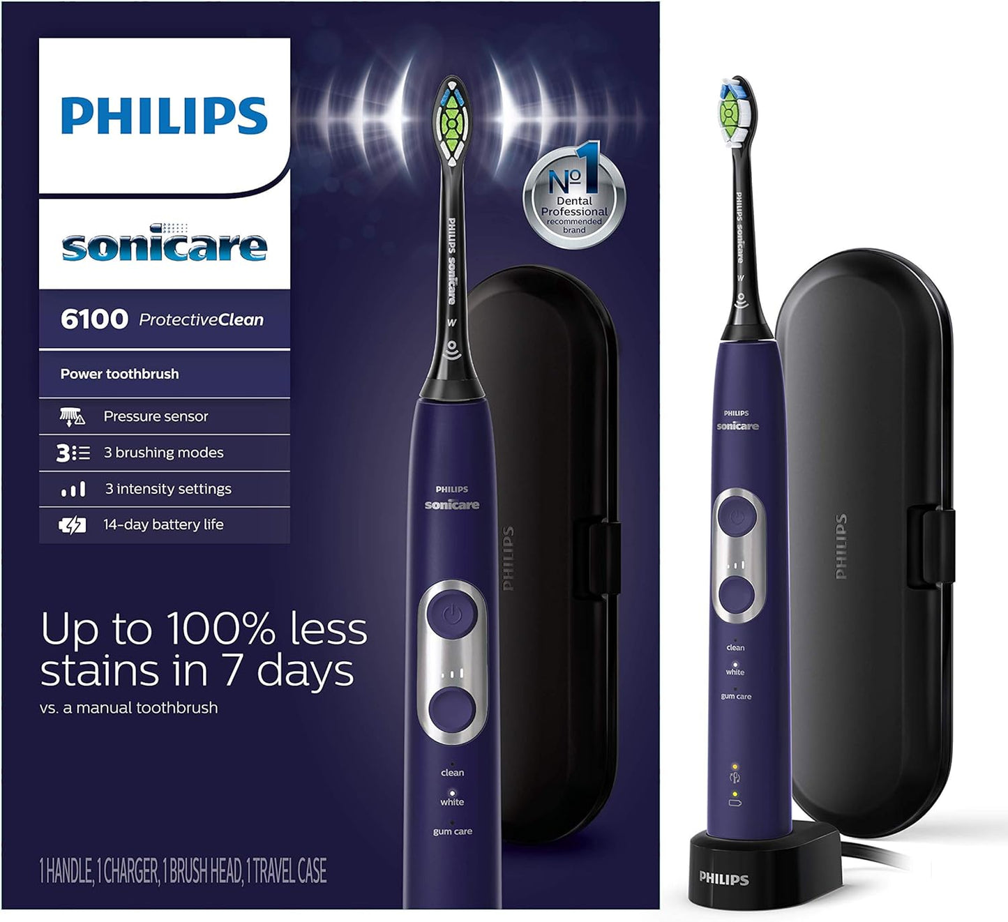 Philips Sonicare ProtectiveClean 6100 Rechargeable Electric Toothbrush, with Pressure Sensor, 3 Cleaning Modes, SmarTimer and QuadPacer, 14-Day Battery Life, Travel Case, Deep Purple, Model HX6471/03