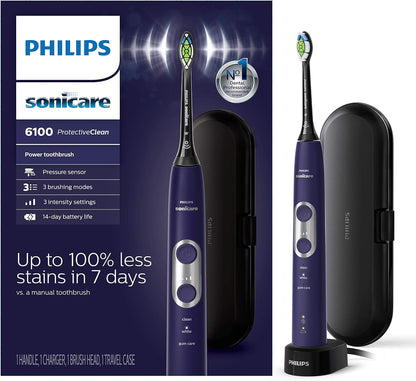 Philips Sonicare ProtectiveClean 6100 Rechargeable Electric Toothbrush, with Pressure Sensor, 3 Cleaning Modes, SmarTimer and QuadPacer, 14-Day Battery Life, Travel Case, Deep Purple, Model HX6471/03