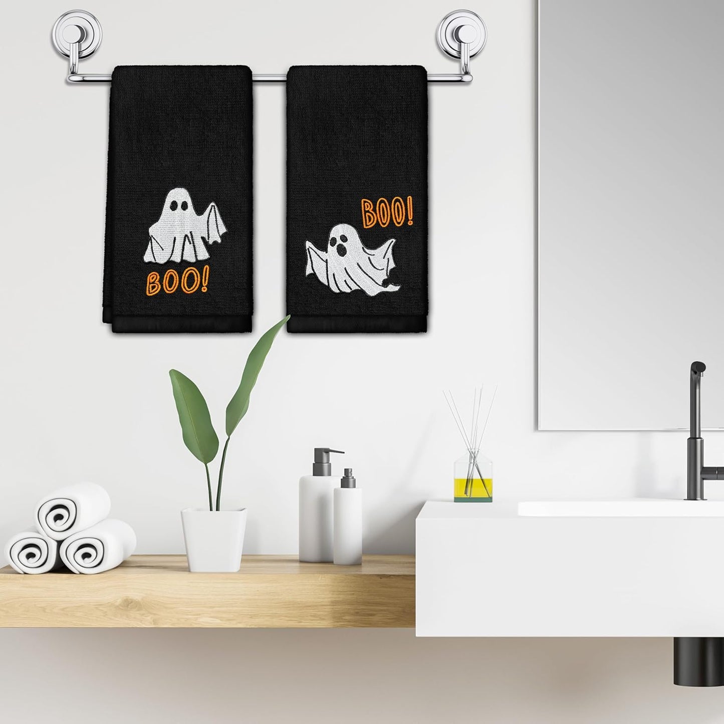 Halloween Hand Towels Set of 2 Embroidered Boo Ghost Dish Towels 13.7 x 29.5 Inch Spooky Home Decor Holiday Decorative Towels for Kitchen Bathroom